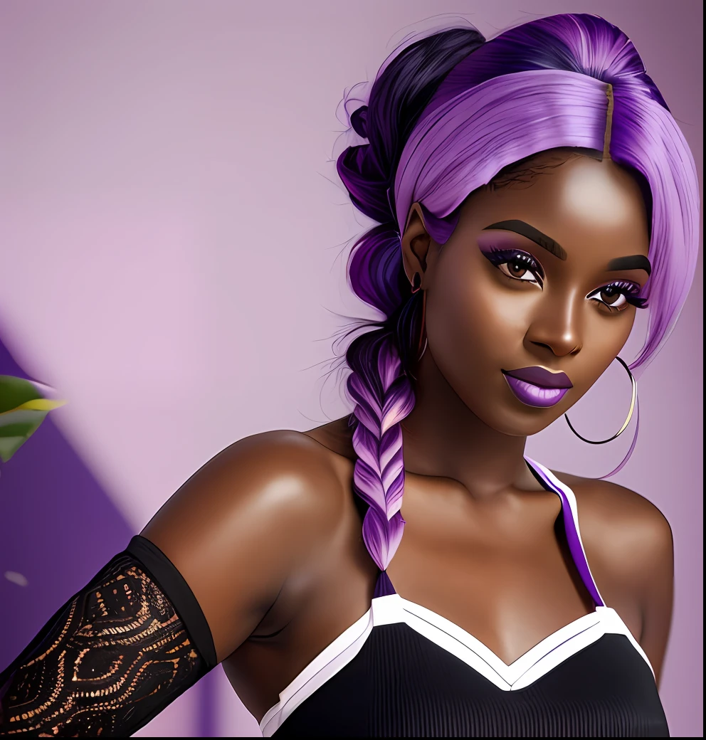 a closeup of a woman with purple hair wearing a white top, beautiful breasts, medium breasts, realistic, hyper detailed, 8k, HD, Ray Tracing, skin texture, dark skin, long braided purple hair, taken in early 2020, dark skin tone, purple tint, deep purple hair, with brown skin, purple lipstick, purple skin color, She has olive brown skin, dark skin, dark black skin tone, dark purple hair, she has purple hair --auto --s2
