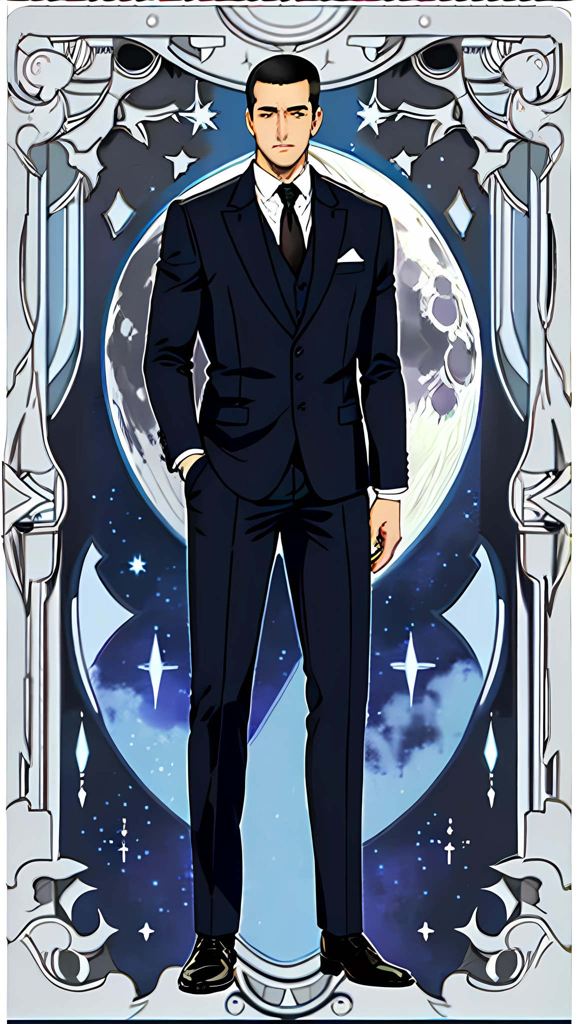 masterpiece, best quality, full body, card, 1 man, the moon, calm, clever, short hair, black hair, brush cut, standing, blue, night sky, purple, book, pen, buzz cut, black suit, royal, gentle, man, center, best pose, technology, high-tech,silver, super detailed, handsome, muscle, big guy