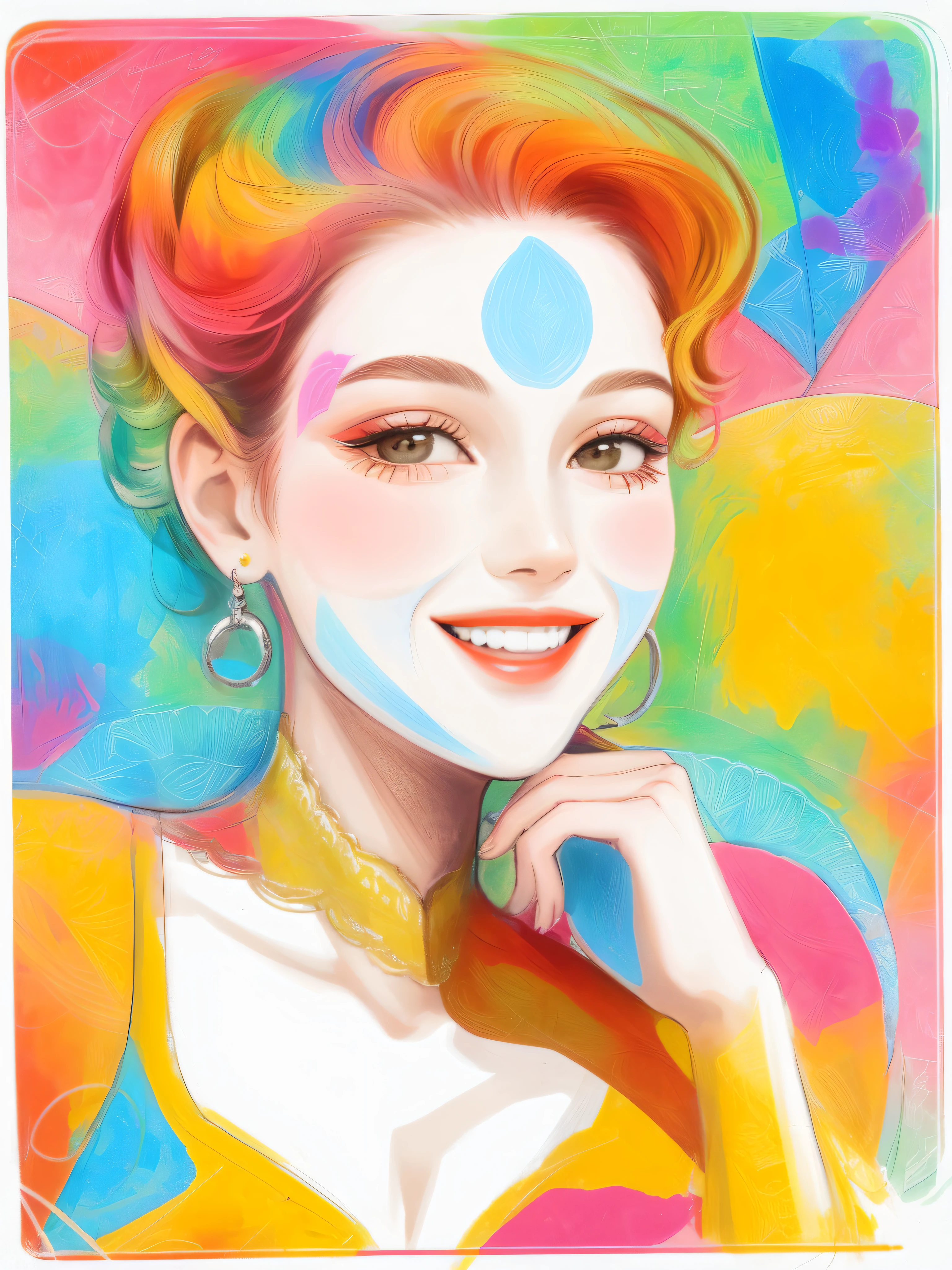 a closeup of a drawing of a woman with a smile.apply abstract art that uses colorful overlapping shapes, the look should be inspired by the unique painting styles found in cubism, with an emphasis on texture and intricate details, including the hand-drawn type, apply in the result more colors on the face, do not change in the more, only the roste
