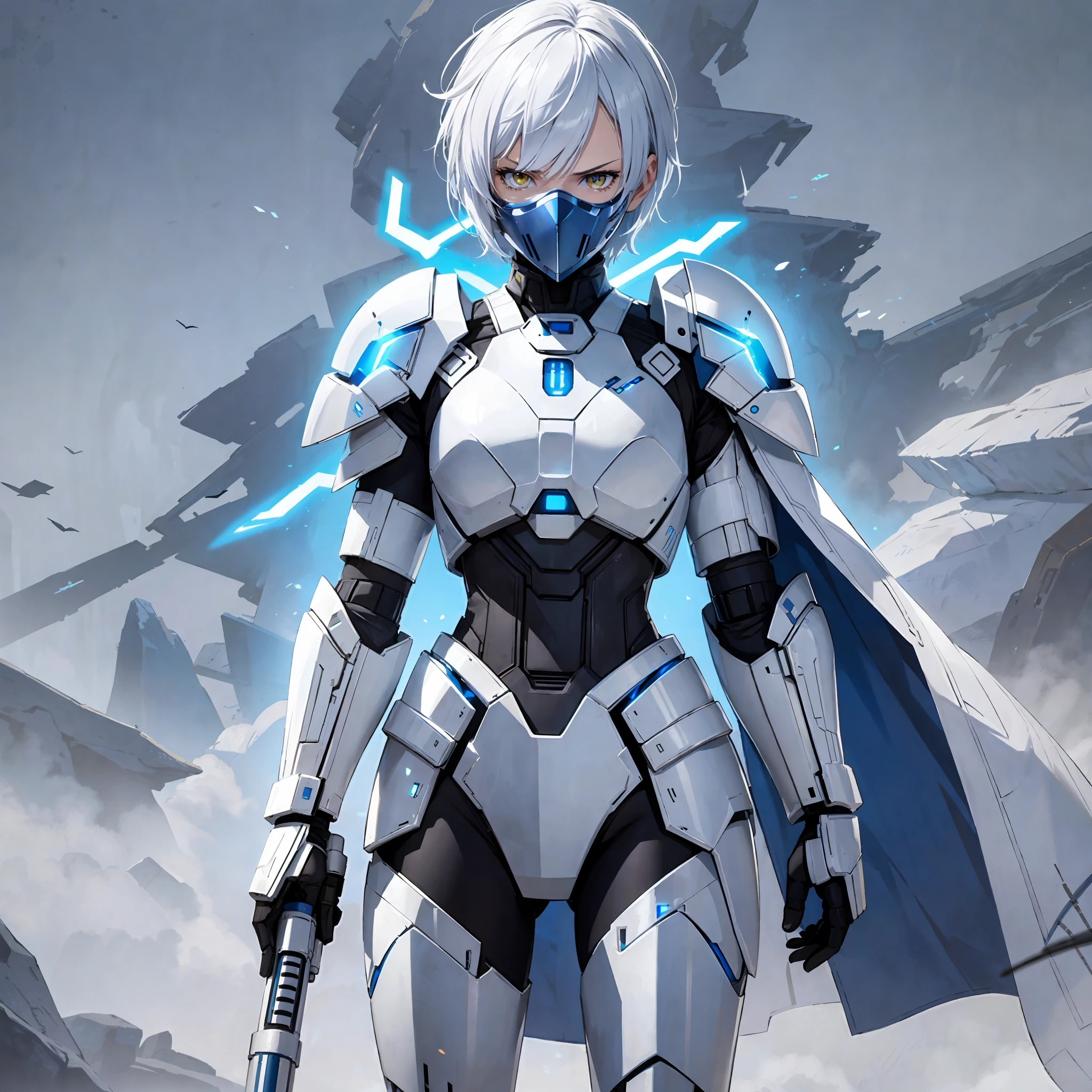 Blue lightsaber in hand, short hair, serious face, combat attire, white hair, yellow eyes, white armor, android, human appearance, adult woman, white metallic face mask --auto --s2