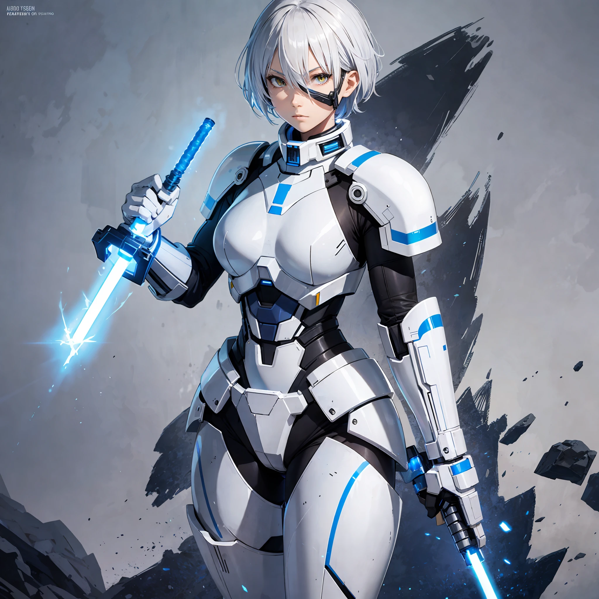 Blue lightsaber in hand, short hair, serious face, combat attire, white hair, yellow eyes, white armor, android, human appearance, adult woman, white metallic face mask --auto --s2