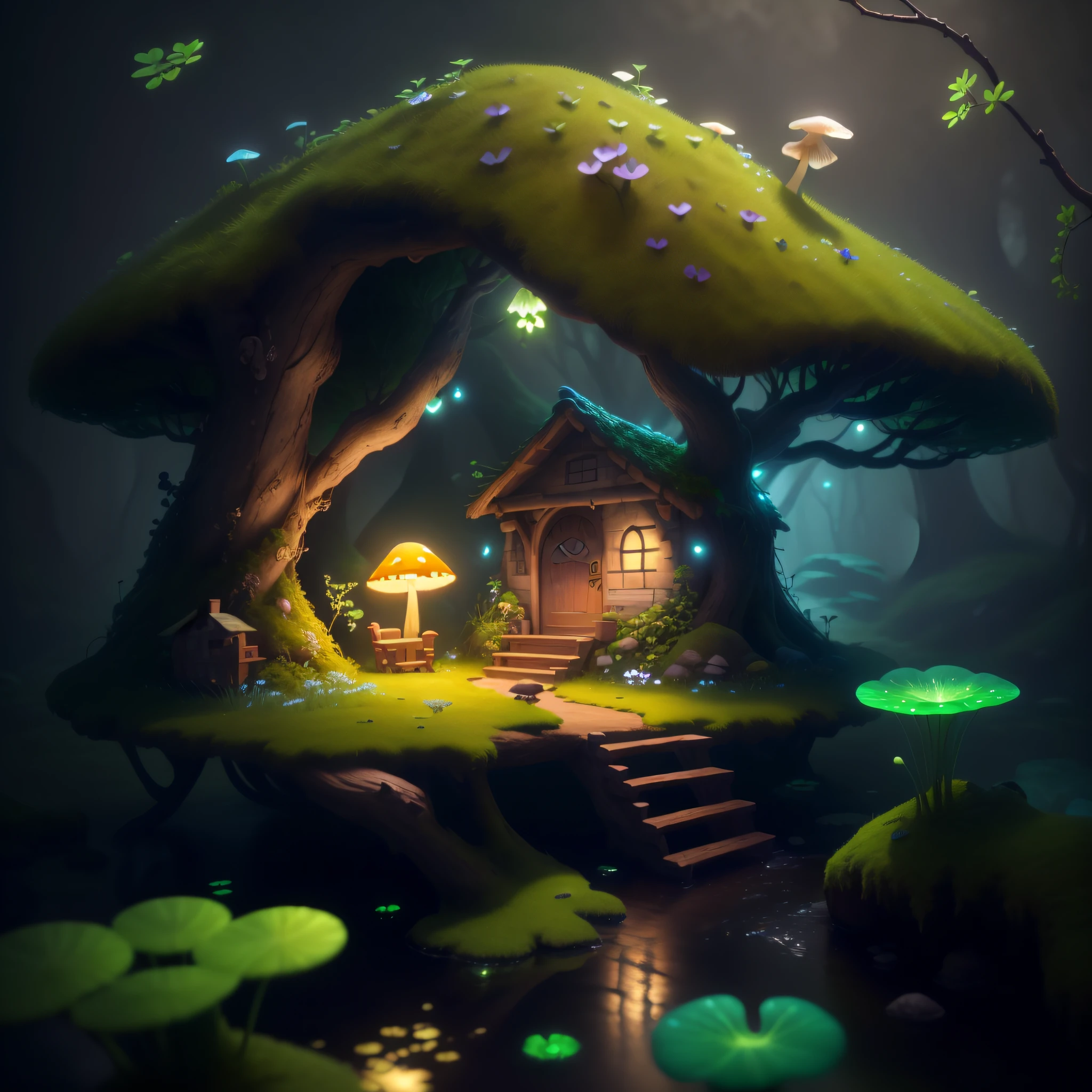 masterpiece, best quality, (extremely detailed CG unity 8k wallpaper), (best quality), (best illustration), (best shadow),（ A mushroom house covered with moss）,(((dew))),（timbo）,（creek）,firefly,clover,wtarlight surrounds the room，petal, isometric 3D, octane render,ray tracing,ultra detailed，