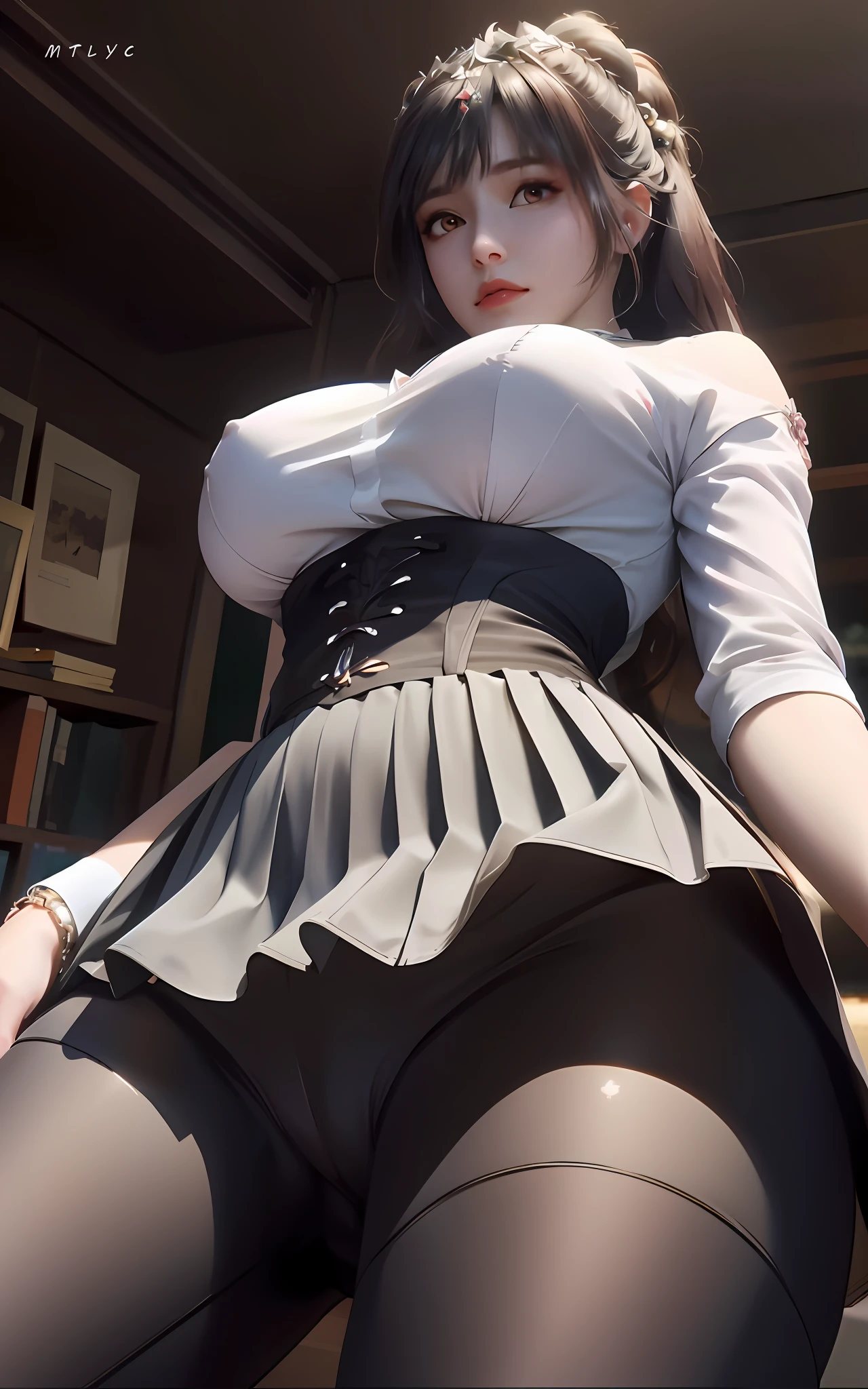 （8K）。 There is a woman in a skirt posing for a photo, surreal schoolgirl, surreal schoolgirl, realistic schoolgirl, 3D anime realistic, realistic anime 3D style, realistic shadow perfect body, ultra-realistic anime, surreal content, thicc, realistic anime, [4K forced Allah meaning]!, thigh closeup