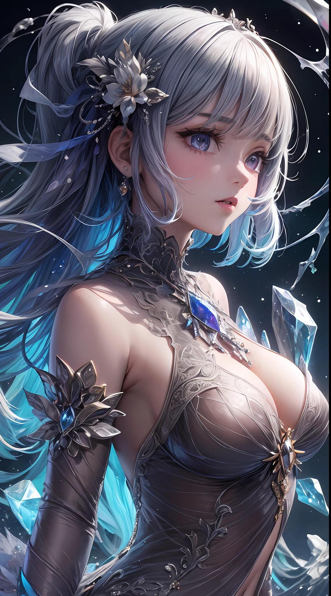NSFW, crystal cover, upper body, side shot, alternative color, masterpiece, detailed illustration, realistic, pixiv top quality, exquisite, {{{cute 1girl}}}, super beauty merging with machine, elaborate shabby chic pattern, sparkly beautiful woman, half of my body is made of machine, transparent glass body, The machine inside is transparent, cinematic lighting, dynamic angle, Dynamic Pose, Crystal World, Depth of Field