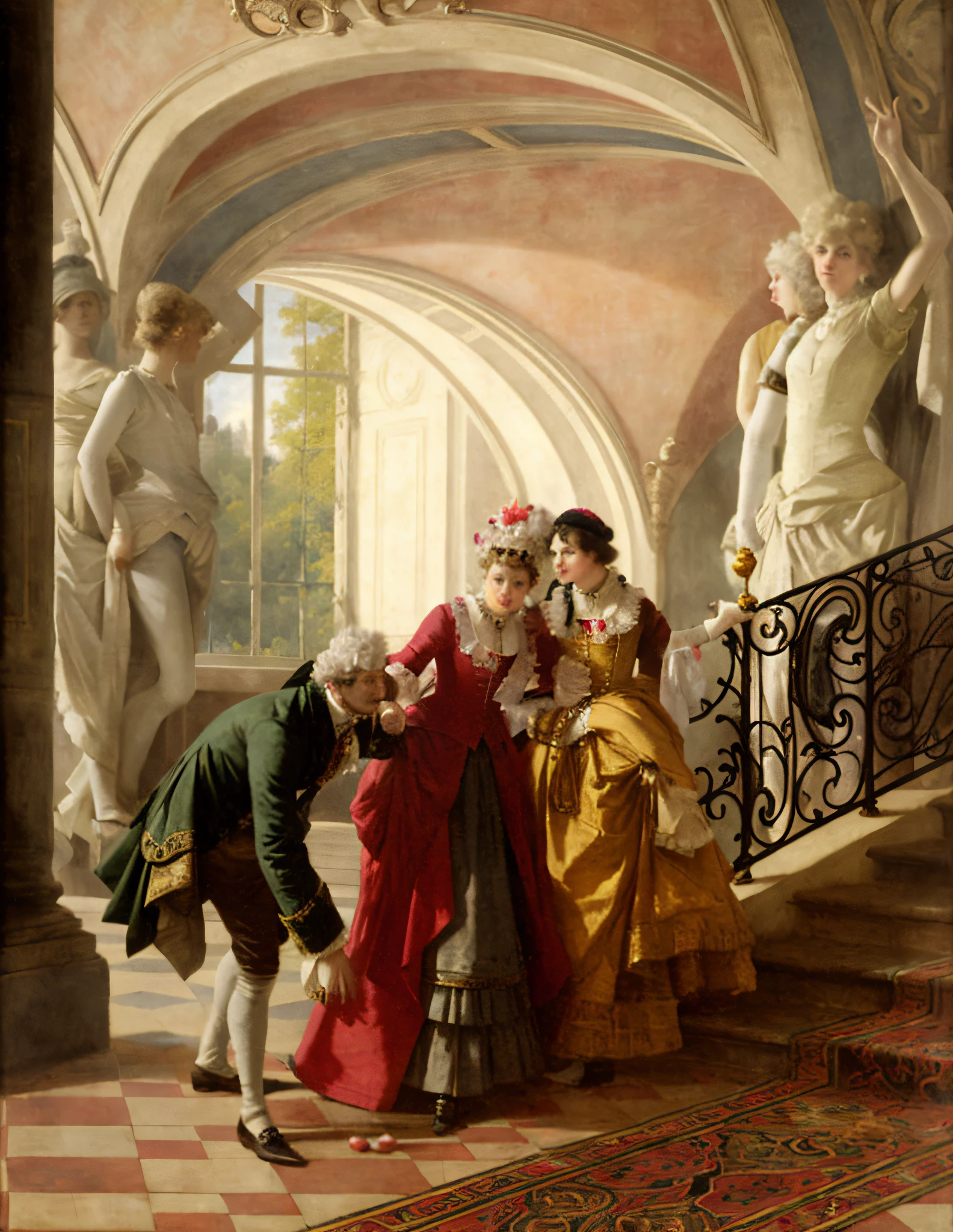 painting of a group of people in fancy clothing standing on a staircase, jehan georges vibert, by Emanuel Leutze, by Stanislas Lépine, by Carl Frederik von Breda, by Eugene von Guerard, by Emile Lahner, by Georg Friedrich Schmidt, by Eduard von Grützner, rococo art, 18th century art