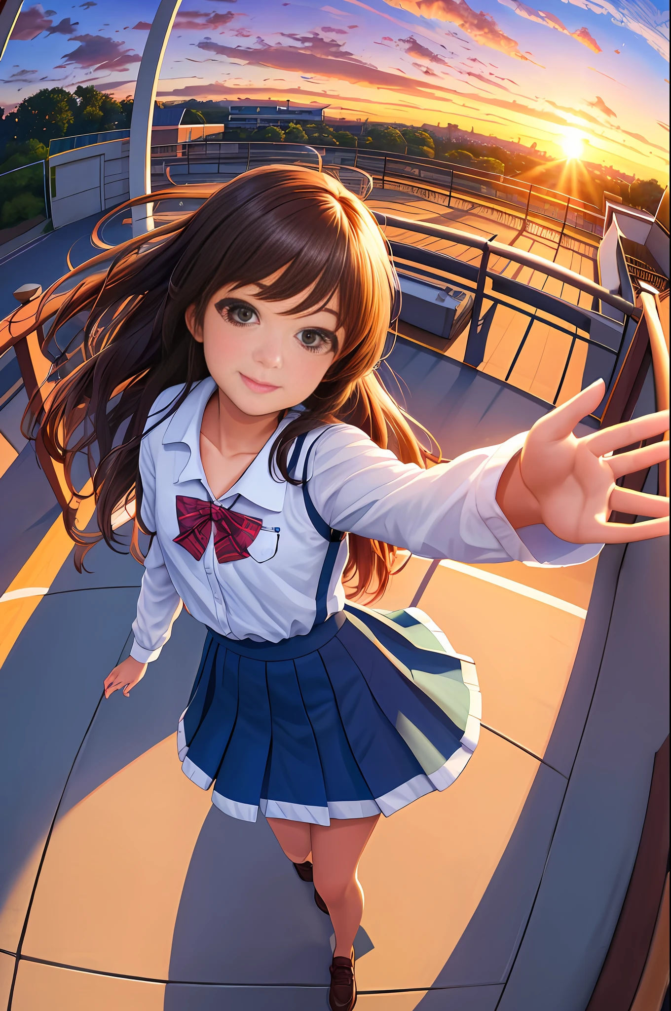frolicking gesture, lovely smile, panchira ((masterpiece, top quality, super detail, super high resolution, detailed background)), (fisheye), school, sunset, on the roof, guardrail, looking down, 1 girl, looking back,