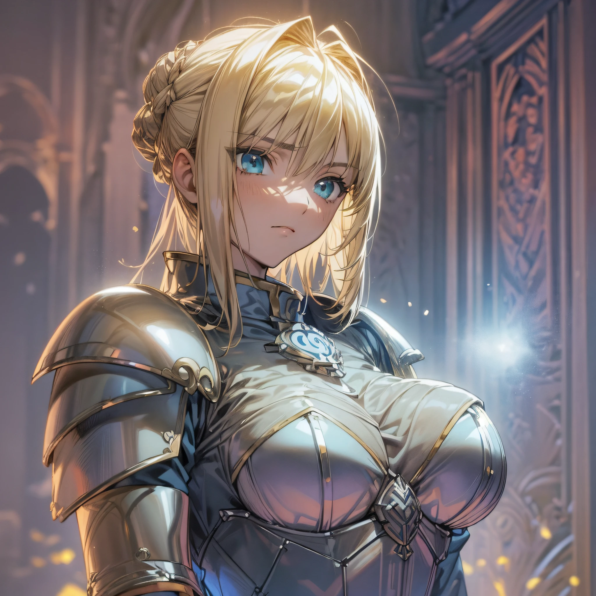 Artoria Pendragon \ (Destiny\, Masterpiece, Best Quality, High Resolution, Ultra Detailed, Art Book, Anime Coloring, CG, Illustration, Fantasy, 1 Girl, Solo, Blood, Male Focus, Looking at the Audience, Artorian Pendragon \ (Destiny\), Armor, Detailed Beautiful Face and Eyes, Full Body , Mild Sunlight ,Warm Environment, Capable and Slender Figure, Big Breasts ,Dexterous Dynamics, Dimly lit Surrounding Light Gathered on Maiden, Greece --auto --s2