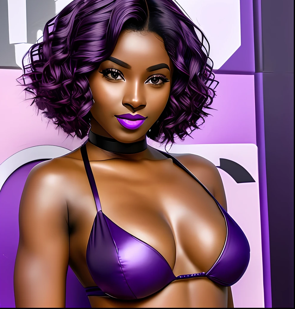 a closeup of a woman with purple hair wearing a white top, beautiful breasts, medium breasts, realistic, hyper detailed, 8k, HD, Ray Tracing, skin texture, dark skin, long braided purple hair, taken in early 2020, dark skin tone, purple tint, deep purple hair, with brown skin, purple lipstick, purple skin color, She has olive brown skin, dark skin, dark black skin tone, dark purple hair, she has purple hair --auto --s2