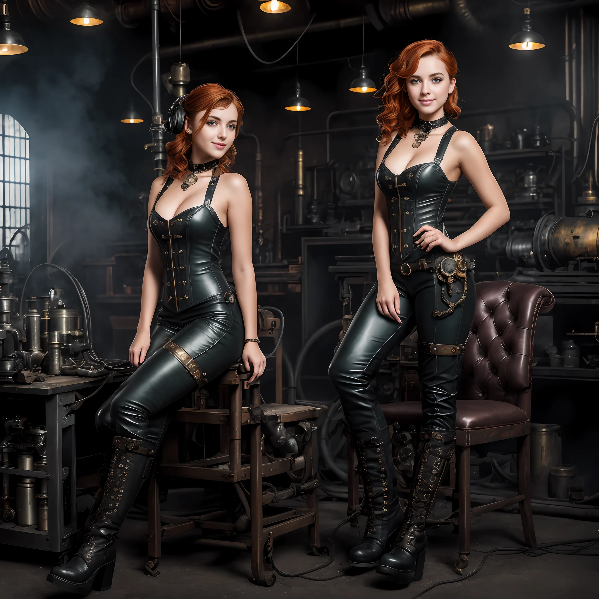 hyper photorealism, perfect anatomy, realistic character, cinematic lighting, shot from the back, (((one girl on a chair is repairing a machine in the steamy smoky workshop))), (a 19 yo girl, (Ana de Armas:0.70), (redhead:1.1)), very cute and smiley, (perfect eyes:1.1), photorealistic wavy hair, a girl in a steampunk jumpsuit in light gray color, intercom headset, steampunk choker, long leather boots, perfect detailed face, detailed symmetric green eyes with circular iris, fixing a steam engine in the steampunk garage filled with steam and smoke, cogs and gears, steamy background with lots of steam pipes and steam valves and pressure gauges and gears, intricate background, very highly detailed costume, very highly detailed background, steampunk aesthetic, steamy, Canon 5D, f1.8 lens