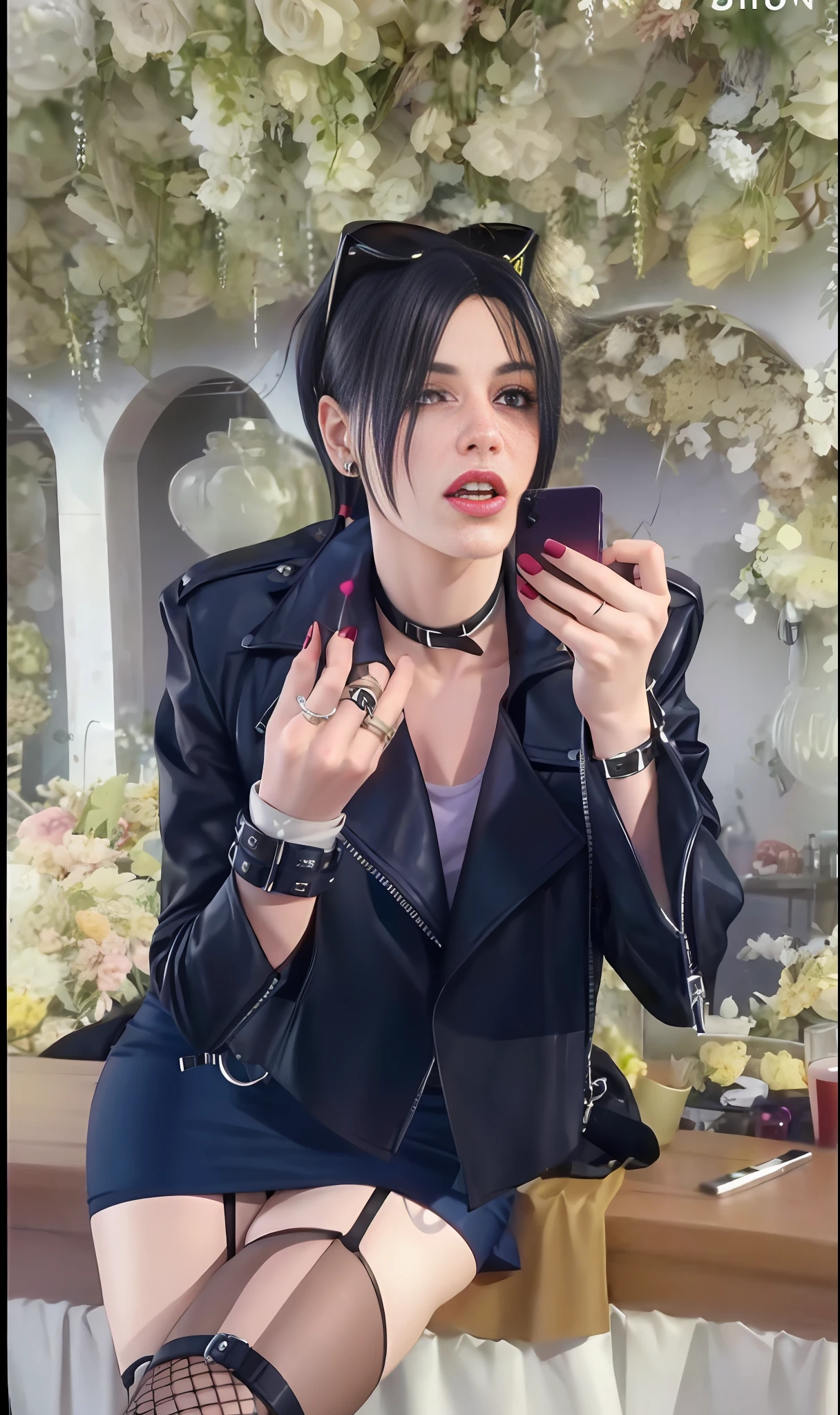 there is a woman sitting on a table with a cell phone, glamorous tifa lockheart, aeon flux style, tifa lockhart, tifa, tifa lockheart, style is a blend of æon flux, style mix of æon flux, 1 7 - - old h girl, seductive tifa lockhart portrait, wearing cyberpunk leather jacket
