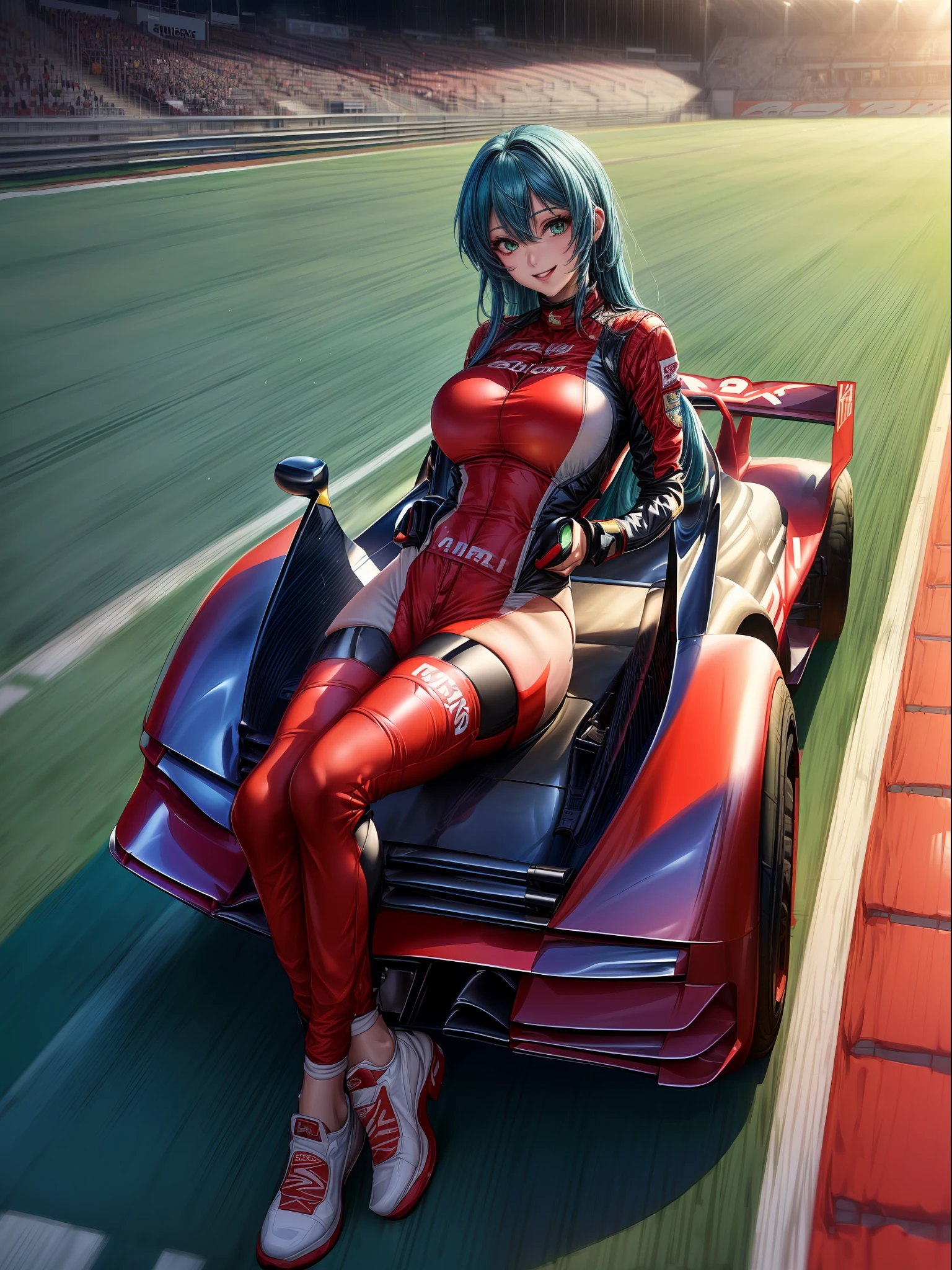 ((full body):1.5) (({Only one woman}:1.2):{((wearing red formula 1 runner suit)1.2), ((long blue hair down to shoulders, sparkling green eyes) 1.3), ((striking an erotic pose in a formula 1 car, looking at the viewer, smiling):1.3), ((extremely large breasts):1.2)}, \n (({Hypodromia from formula 1 racing, is in night, raining heavily, several people are in the stands}):1.3), anime, anime style, 16k, ((best quality, high details):1.4), masterpiece, UHD