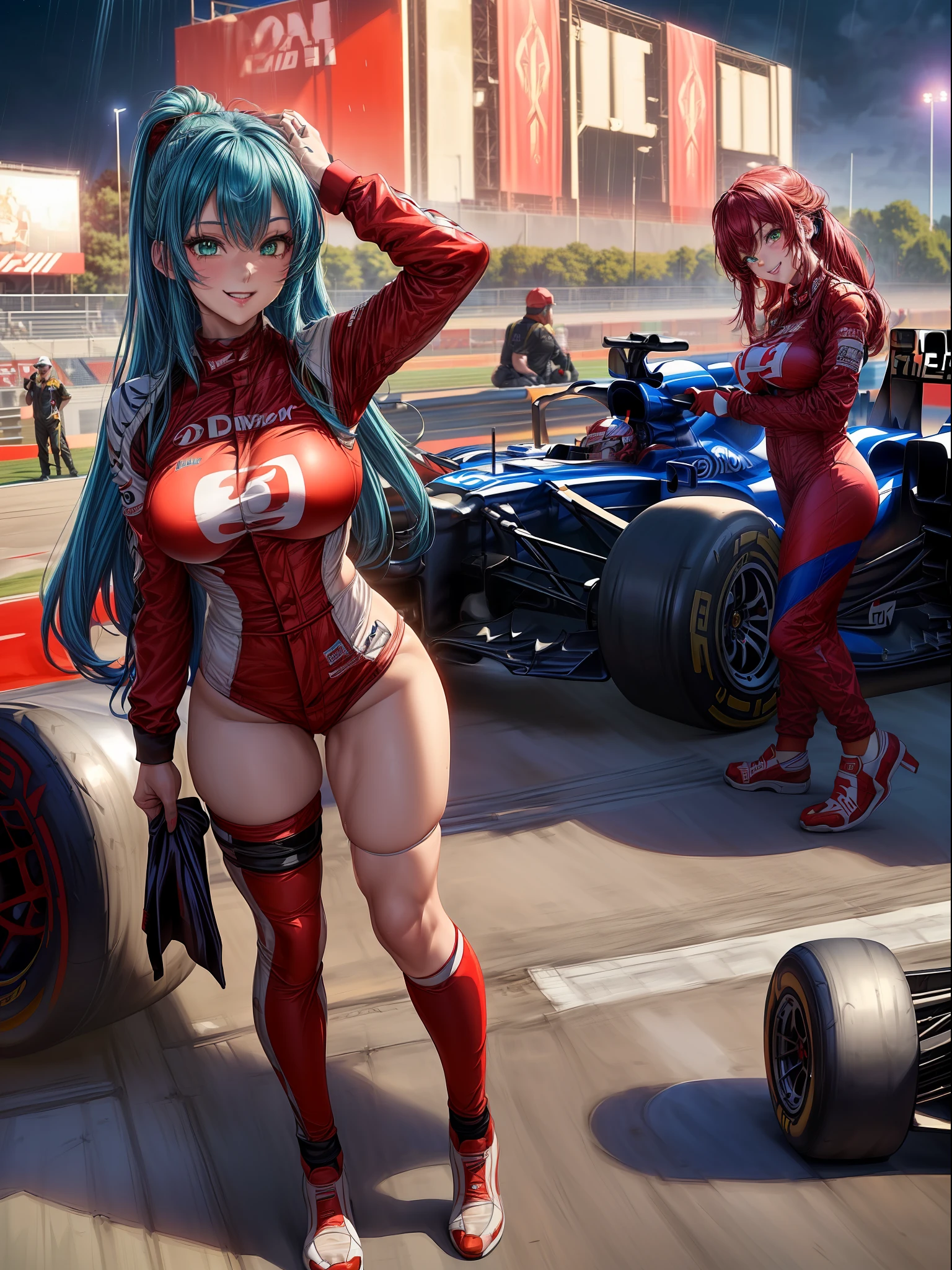 ((full body):1.5) (({Only one woman}:1.2):{((wearing red formula 1 runner suit)1.2), ((long blue hair down to shoulders, sparkling green eyes) 1.3), ((striking an erotic pose in a formula 1 car, looking at the viewer, smiling):1.3), ((extremely large breasts):1.2)}, \n (({Hypodromia from formula 1 racing, is in night, raining heavily, several people are in the stands}):1.3), anime, anime style, 16k, ((best quality, high details):1.4), masterpiece, UHD