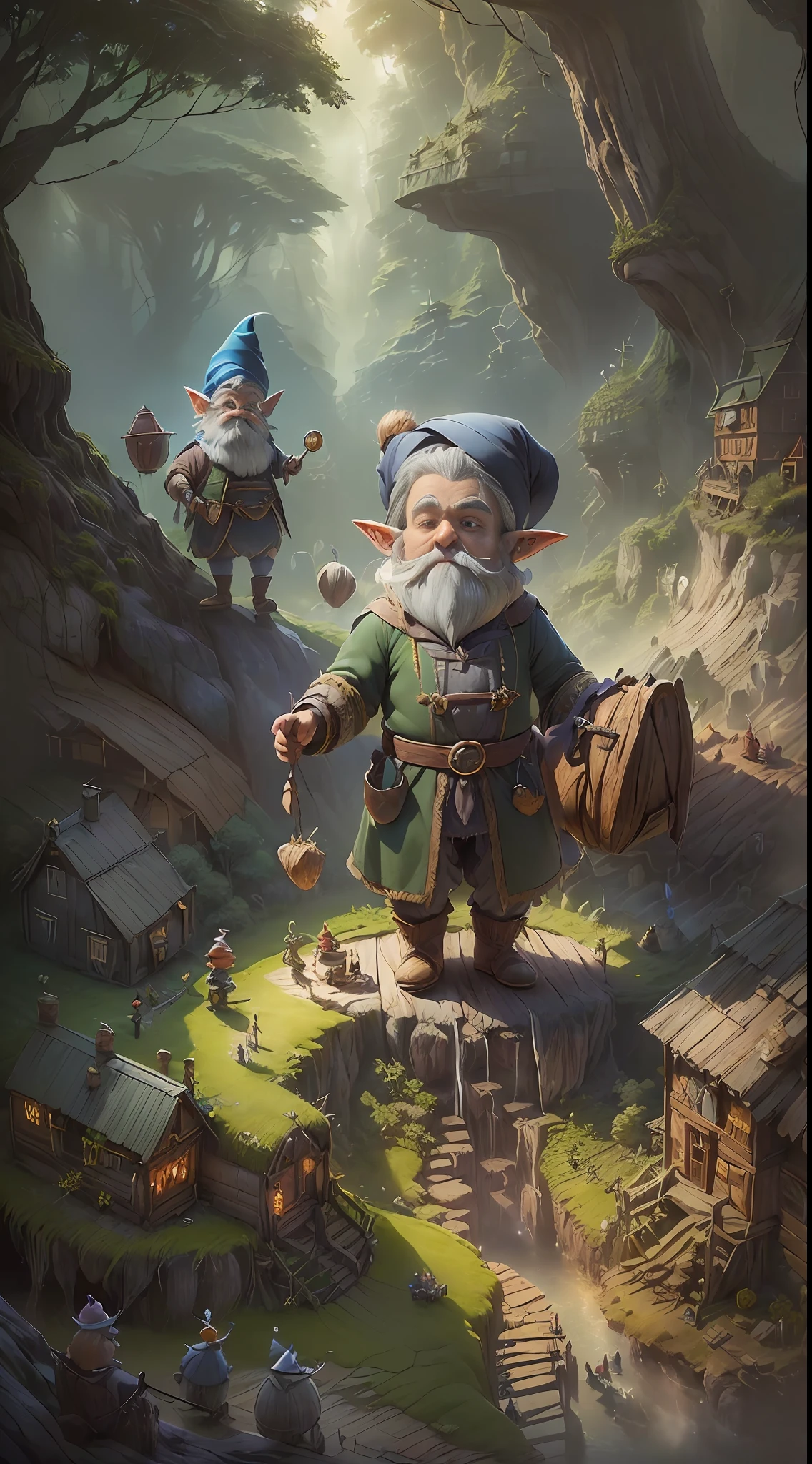 (((Gnomes are 12 cm tall, so they look smaller than the rats pulling the carts they work with))), (((Working in an underground mine)), (Gnome), (The grass and trees are quite large), (Gnomes are small, so the surrounding scenery and things are very large), (((I live in a super comfortable wooden house in a forest cave)), small men, well-tailored clothes made of hemp, Scandinavia, blue eyes, whole body, Fairy exotic gnomes, petite bodies, dynamic poses but looking away from perspective, (archaic clothes), spells, (costumes are stately but modest), HDR, high resolution, 16:9 ratio, (fine eyes and expressions), irregular gray hair, gentle eyes --auto --s2