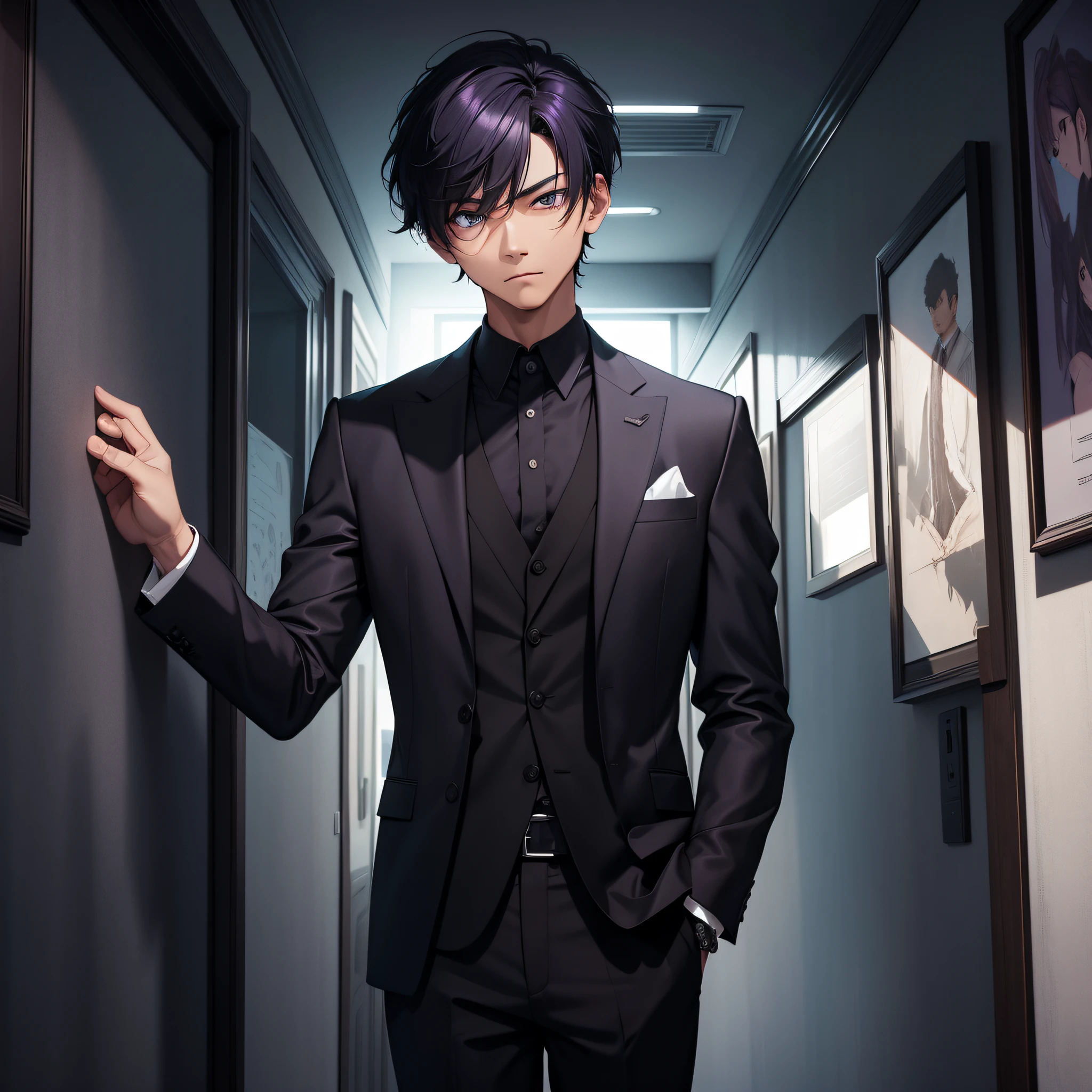 Absurd resolution, high resolution, (masterpiece: 1.4), hyperdetail, Asian, male middle purple short hair, black suit, eerie room, expression nervous and afraid to tremble (1.3), looking at the wall clock (1.5)