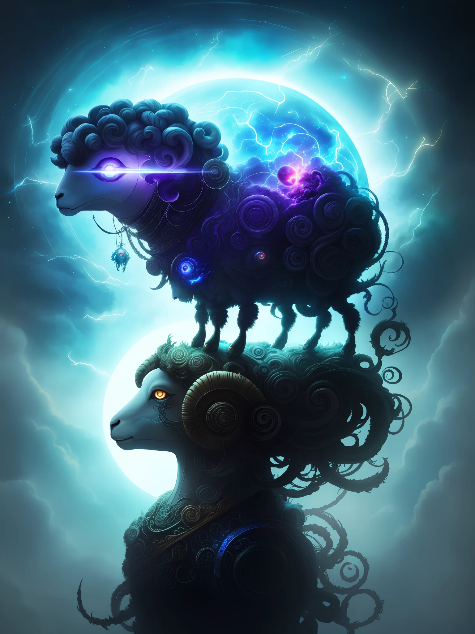 Galactic sheep with lots of hair on its head, third eye, staring at something far away, intricate details, electric, fantasy art, Anato Finnstark, latex painting, very detailed, misty rutkowski, HDR, ultra-detailed, edge light, faded, dull