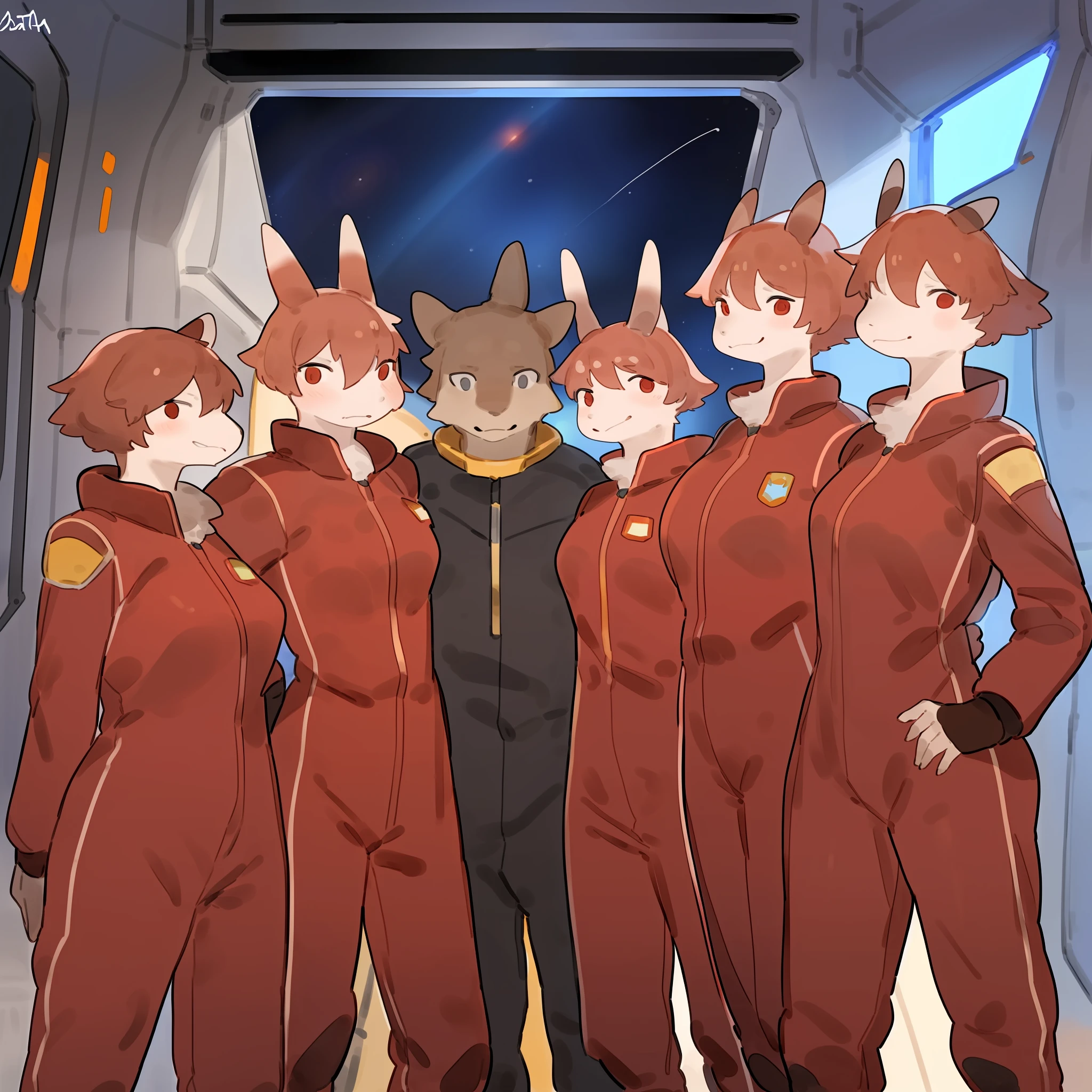 Group photo, red uniform, red uniforms, red jumpsuit, red spacesuit, female, smiling, facing viewer, standing shoulder to shoulder, standing in line, space, spaceship, window, by bebebebebe, (((by buta99)))