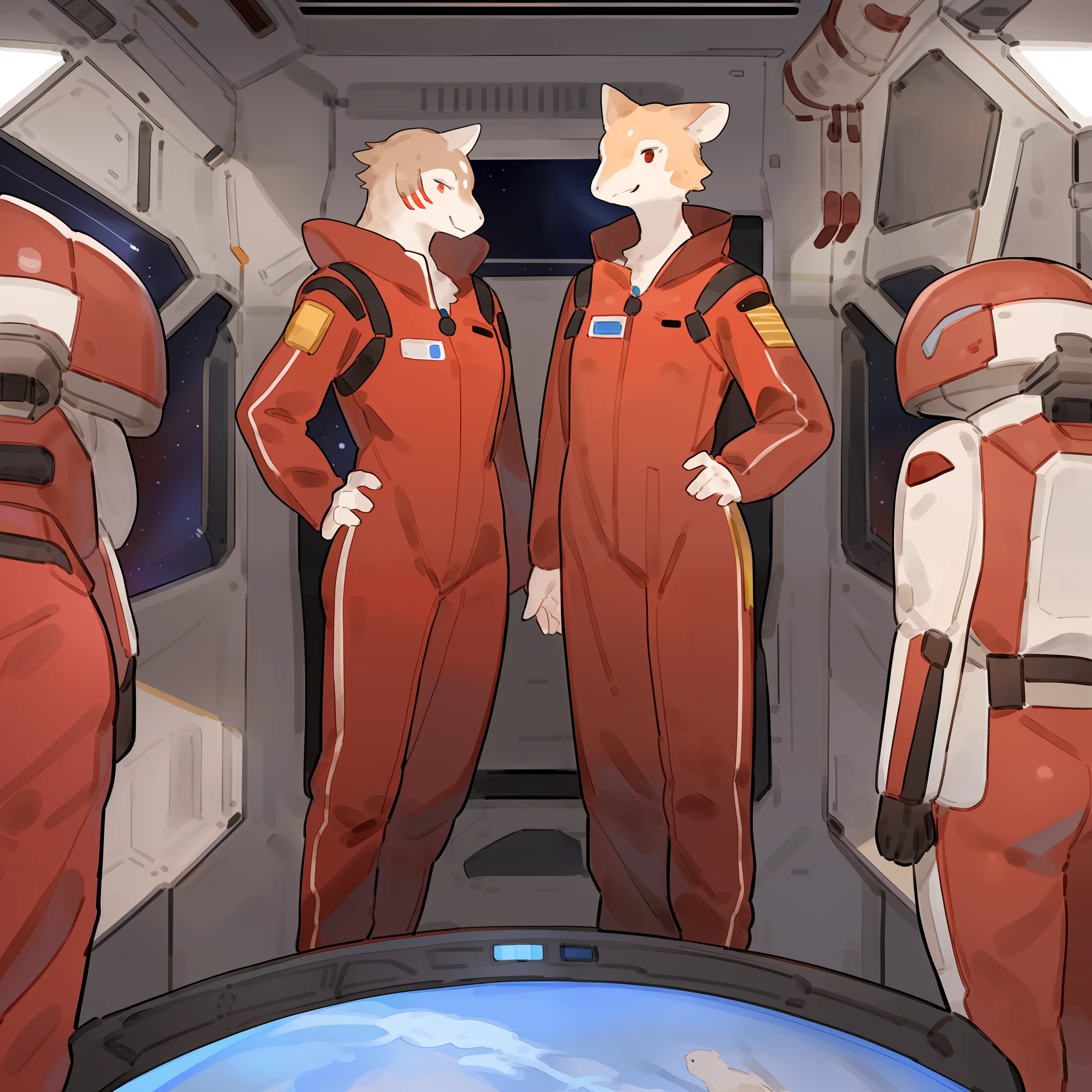 Group photo, red uniform, red uniforms, red jumpsuit, red spacesuit, female, smiling, facing viewer, standing shoulder to shoulder, standing in line, space, spaceship, window, by bebebebebe, (((by buta99)))
