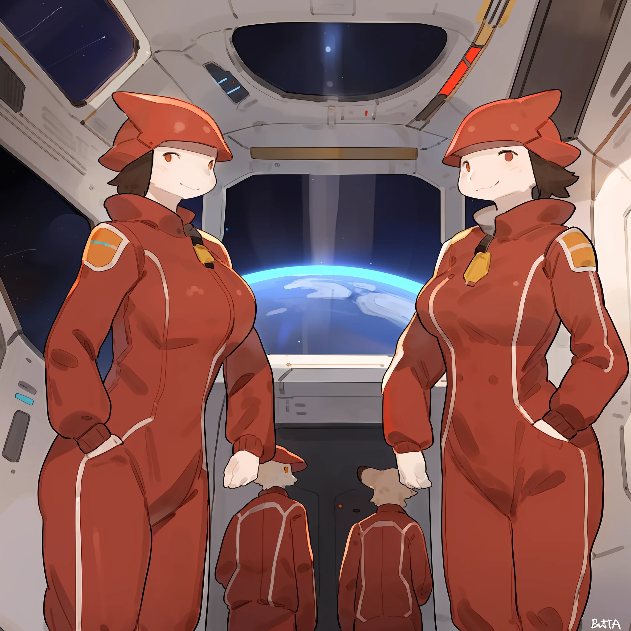 Group photo, red uniform, red uniforms, red jumpsuit, red spacesuit, female, smiling, facing viewer, standing shoulder to shoulder, standing in line, space, spaceship, window, by bebebebebe, (((by buta99)))