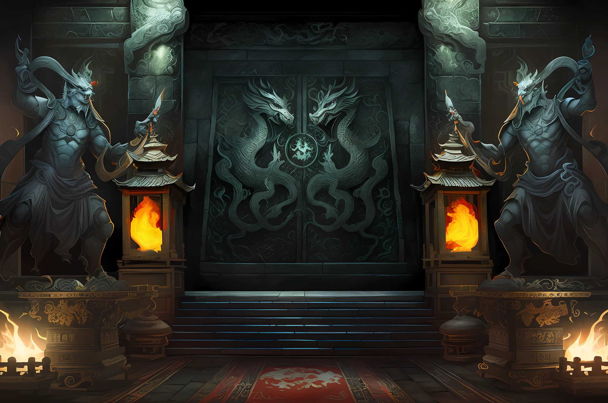 There are three statues in front of the door with illustrations of fire, dungeons and dragons, symmetrical epic fantasy art, concept art of Chinese dragons, Chinese by Arthur Pan, highly detailed fantasy art in China, Damangford, China. Chinese Maya rendering, Chinese Dungeons & Dragons, Chinese Dungeon Background, Chinese realistic dark concept art, illustrated by Ni Yuanlu, Chinese temple background, Chinese Diablo digital concept art, concept art design