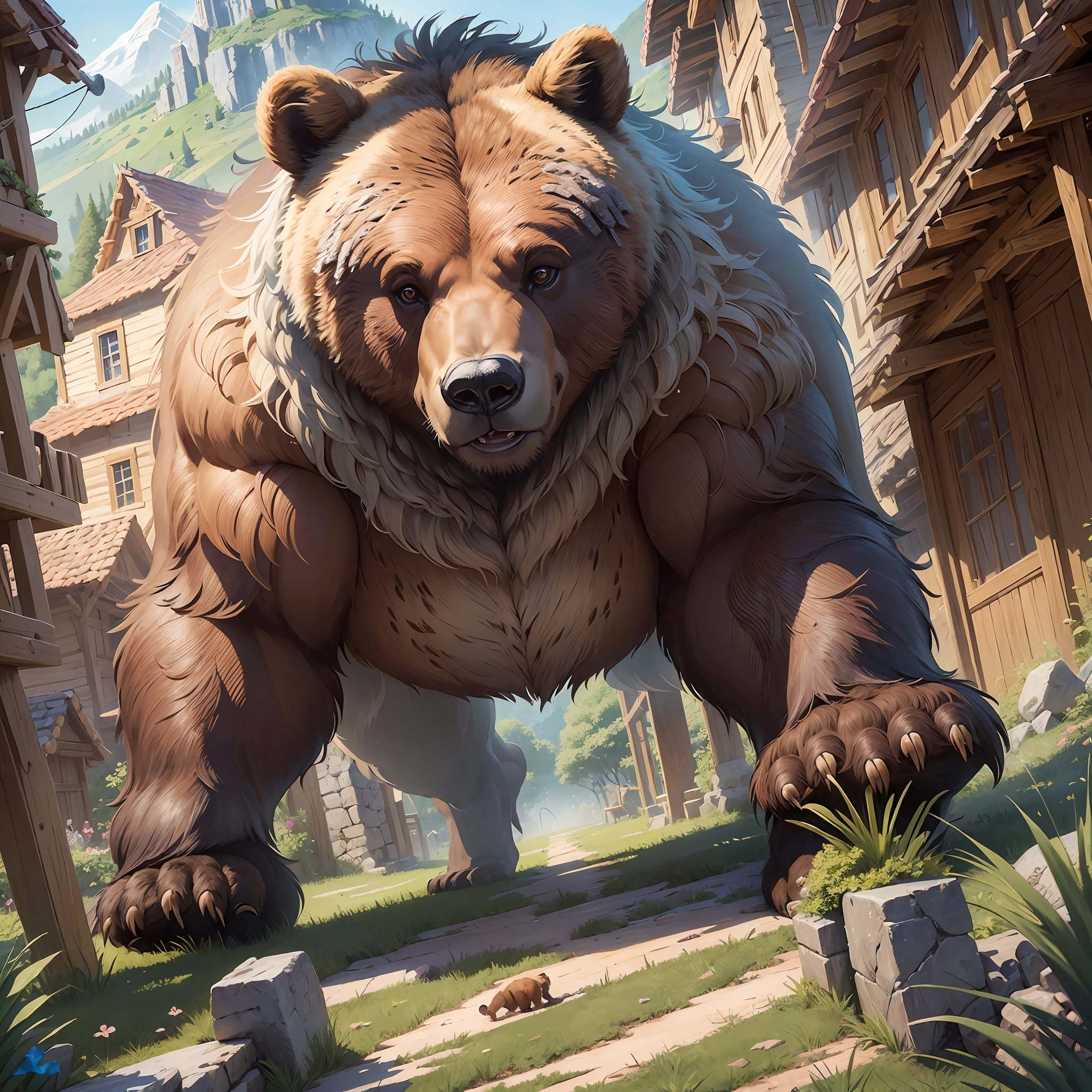 (masterpiece), best quality, ultra-detailed, (trading card game illustration), (scene of a bear attacking the village), extremely detailed, high resolution, dynamic angle, dynamic pose, village, bear, intense action, vivid colors, dramatic lighting. --auto --s2
