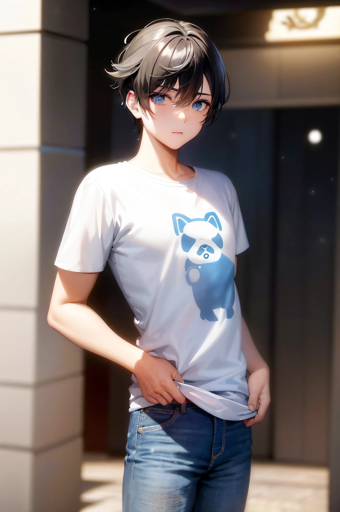 ((A male:1.2)), ((boy:1.2)), first-person view, upper body, cold light, blue_eyes, (jitome:1.2), hair_between_eyes, (Zaffre eyes color:1.1), (jeans:1.2), (cute dog T-shirt:1.5), dog pattern, looking_at_viewer, male_focus, short_hair, (mysterious sense of unknowability:1.2), (beautiful images in starlight:1.5), rain, wet hair, styled with a captivating hairdo, accentuated with bangs and hair between eyes, highlighting his distinctive and stylish black and short hair, this dynamic composition expertly showcases his strong male focus, in a manner that captivates and intrigues viewers