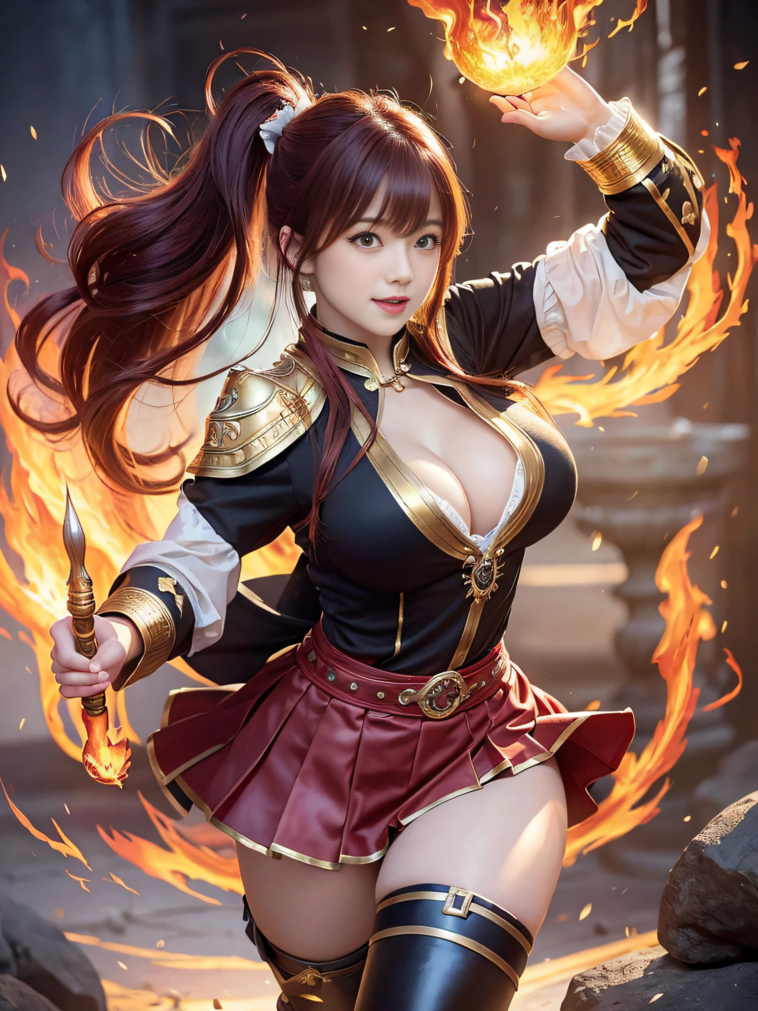 (8k raw photos, highest quality, masterpiece, UHD), (realistic, photorealistic: 1.37), (anatomically accurate and realistic skin), ultra high resolution, depth of field, film lighting, film grain, very cute 16 year old girl, tsurime, cute face, solo, mischievous laughing, cleavage, big, very big breasts, very detailed eyes and hair, beautiful detail skin, attractive thighs, dynamic angle, hair one side up, left side ponytail, dark red hair, thick bangs, juicy thighs, skirt, boots, wizard, wizard, fire and gold effect, magnificent golden light and red-burning world, huge pillar of fire around, floating fireball, sacred light,