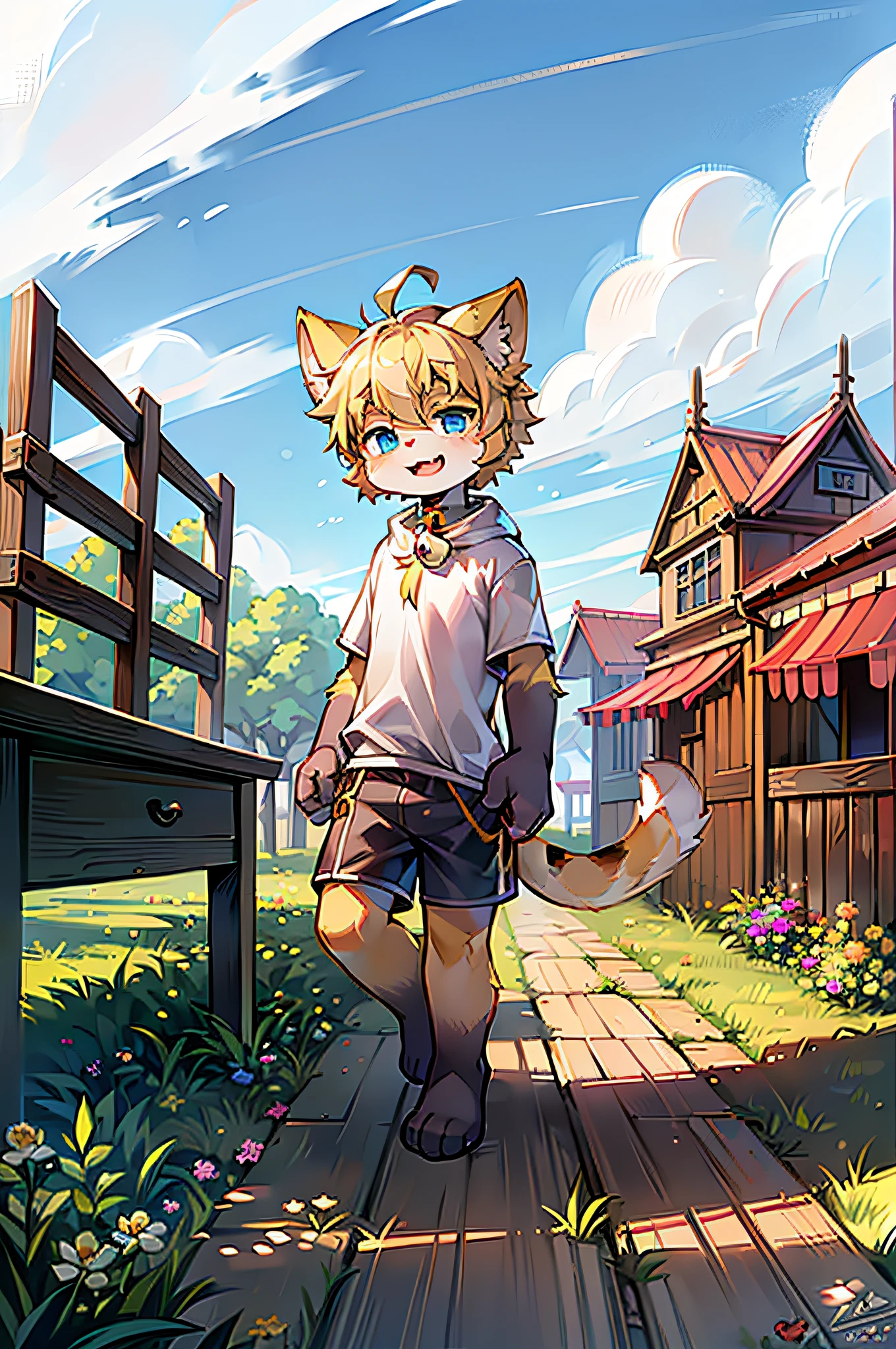 field, garden, short hair, blonde, ahoge, bell collar, full body, child, furry, cat ears, open mouth, with cat teeth, clouds, sky, sky, sun, in summer, no spots, cubs, yellow fur everywhere, cat ears, cat type, fluffy big tail, masterpiece, high-quality portrait, humanoid, cub, lone child boy, wind, pose, full shot, white top short sleeves, gray shorts, yellow scarf, super cute face, hands, meat pads, layered, Furry, full body furry, full body like, cat feet, face furry, face hairy, cat face, cute face, cat palm, furry hands, no shoes, furry legs, light blue eyes, children, with cat's beard, furry hands