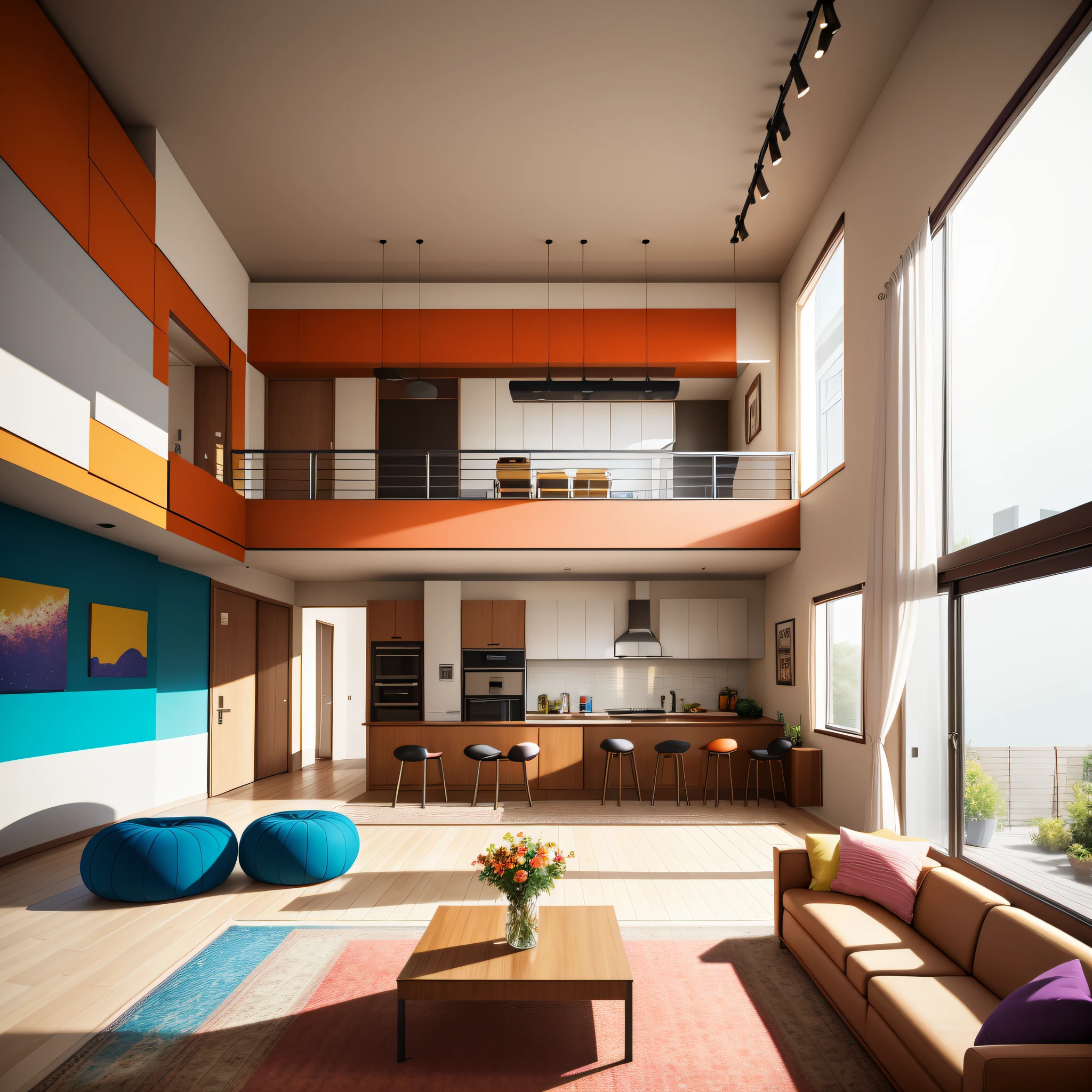 Imagine a warm and inviting environment where open and integrated spaces merge to foster relationships and increase functionality. In this image, visualize a living room and a dining area connected in a perfect way, without physical barriers, allowing people to enjoy a harmonious coexistence. The benefits are evident: free and fluid communication, spontaneous collaboration and shared moments. Design elements such as strategically placed furniture, cohesive colors and complementary materials create a warm and unified atmosphere. Be inspired by this contemporary trend and discover how open and integrated spaces can transform your life.