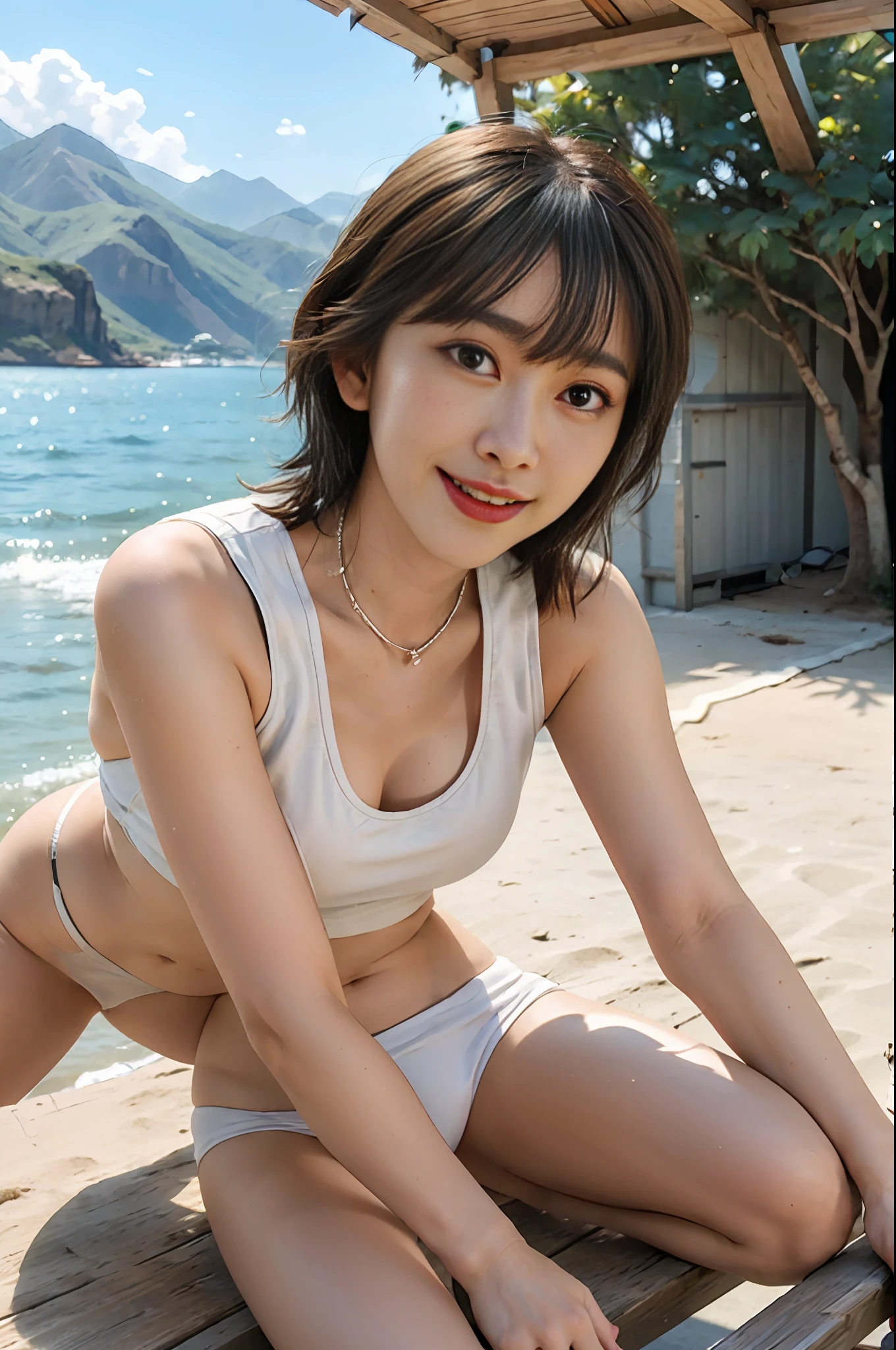 Best quality, masterpiece, ultra high res, (photorealistic:1.4),highly detailed,professional lighting smile.Playing Volleyball ,in the beach,wear small bikini.sweat body running.(Seen nipple head and camel toes)
