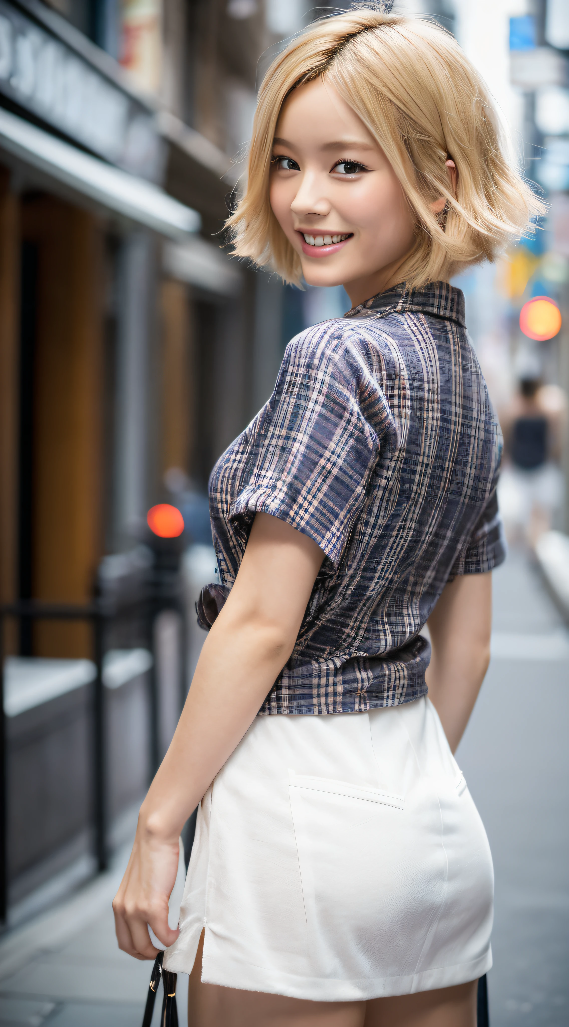 (8k, top quality, masterpiece, portrait), short blonde hair, photo of Japan woman along the street, hands, fashionable clothes, looking back with a smile, sensual body.