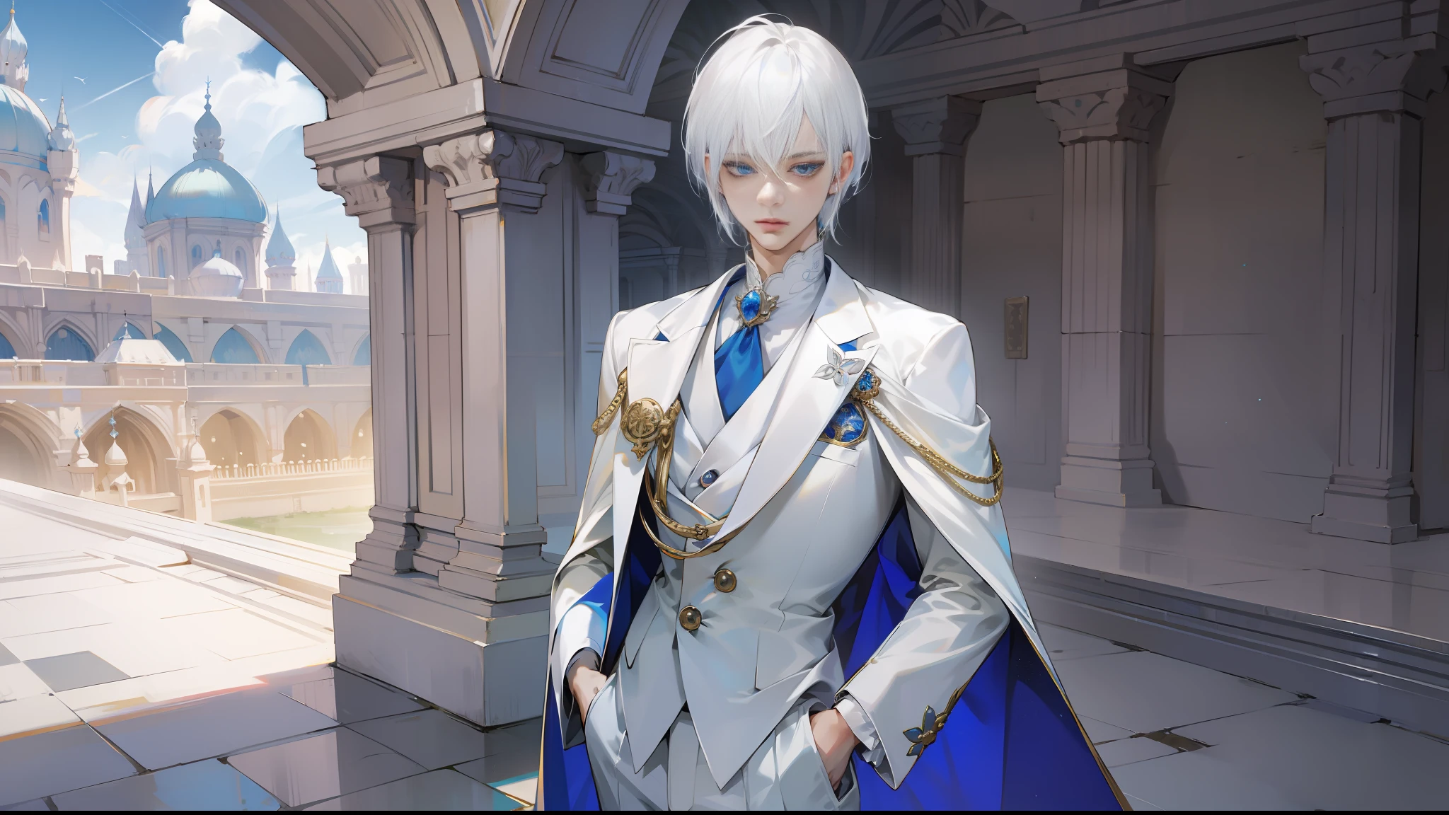 White hair, blue eyes, boy, panorama, background palace, jewel eyes, short hair, white suit