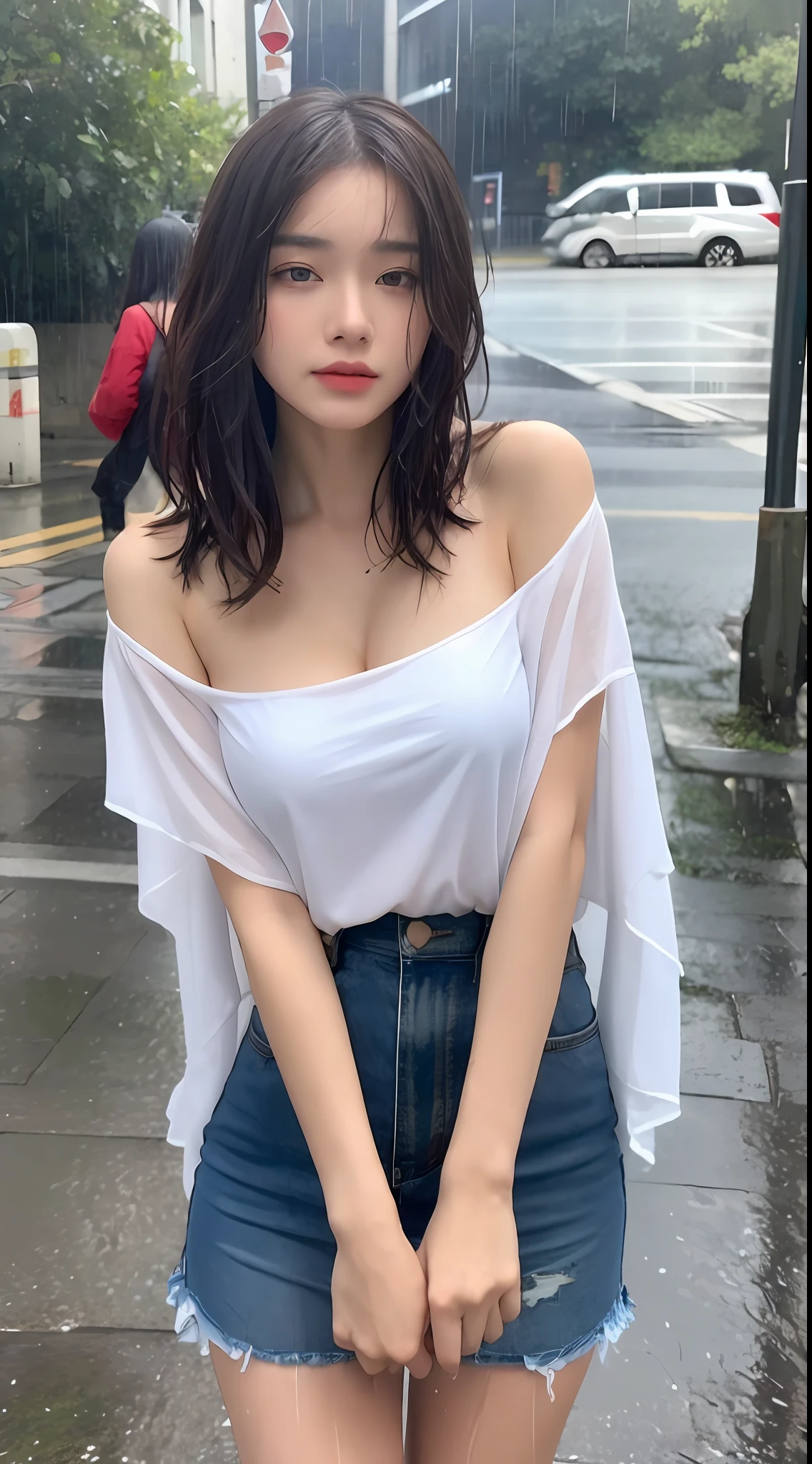 ((Best Quality, 8k, Masterpiece:1.3)), Focus:1.2, Perfect Body Beauty:1.4, Buttocks:1.2, (Layered Haircut, Breasts:1.2)), (Wet Clothes:1.1) , (Rain, Street:1.3), Bandeau Dress: 1.1, Highly Detailed Face and Skin Texture, Detailed Eyes, Double Eyelids, Whitened Skin, Long Blue Hair, Umbrella in the Rain
