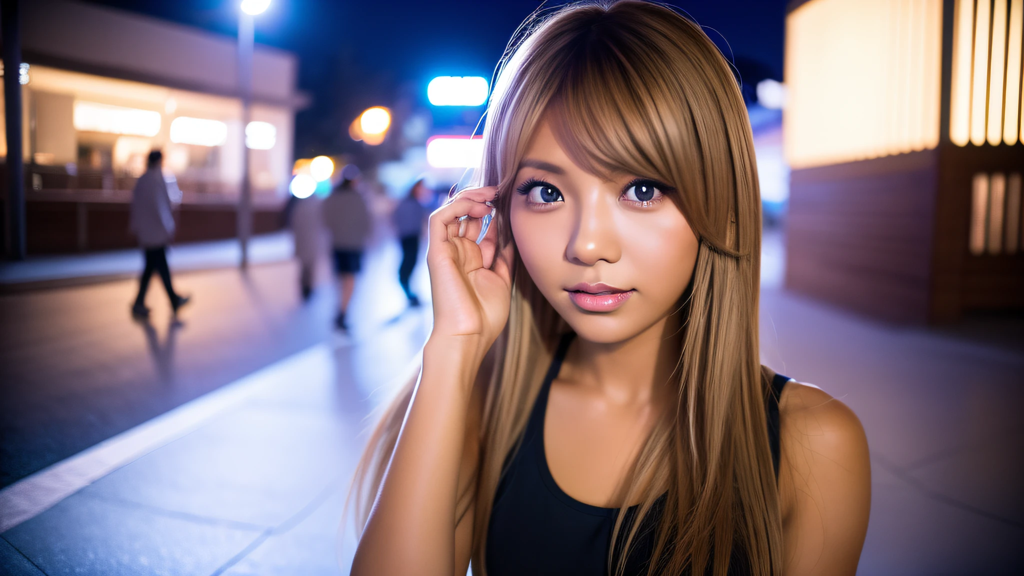 gyaru, dark-skinned, working hard, sony a7, 35mm Lens, f1.8, film grain, blue hour, soft lighting, photorealistic