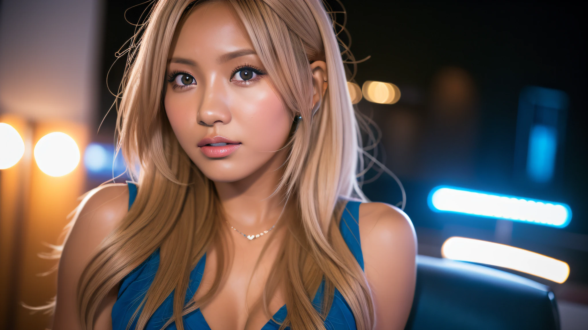 gyaru, dark-skinned, working hard, sony a7, 35mm Lens, f1.8, film grain, blue hour, soft lighting, photorealistic