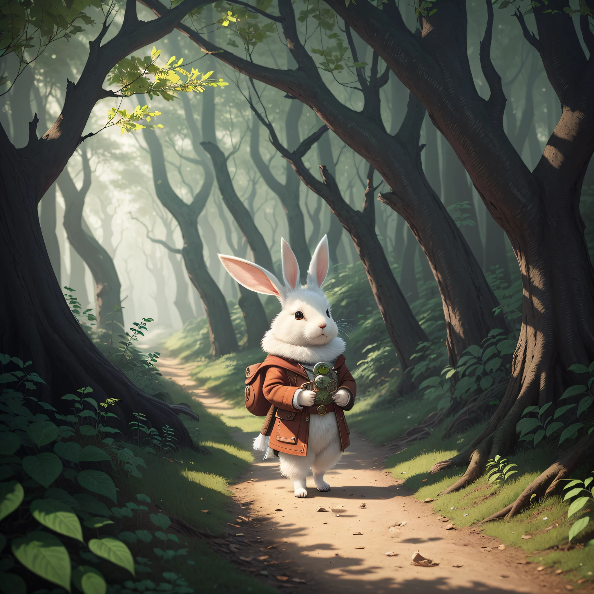 there is a white rabbit walking down a path in the woods, rabbt_character, the white rabbit, white rabbit, adorable digital painting, a forest with bunnies, cute anthropomorphic bunny, anthropomorphic rabbit, enjoying a stroll in the forest, cute forest creature, childrens art in artstation, inspired by Johannes Helgeson, wojtek fus