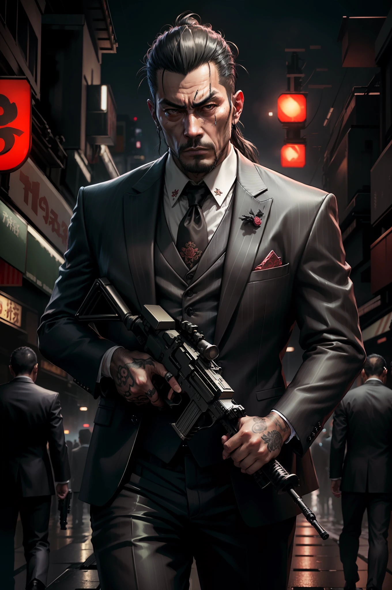 japanese yakuza mobster with a dark gray three-piece suit, uses assault rifle, facial scar, realistic, stylish, hdr, intricate details, hyperdetailed, cinematic, rim light, danger atmosphere, noir, night, cyberpunk lighting, tokyo street, rain
