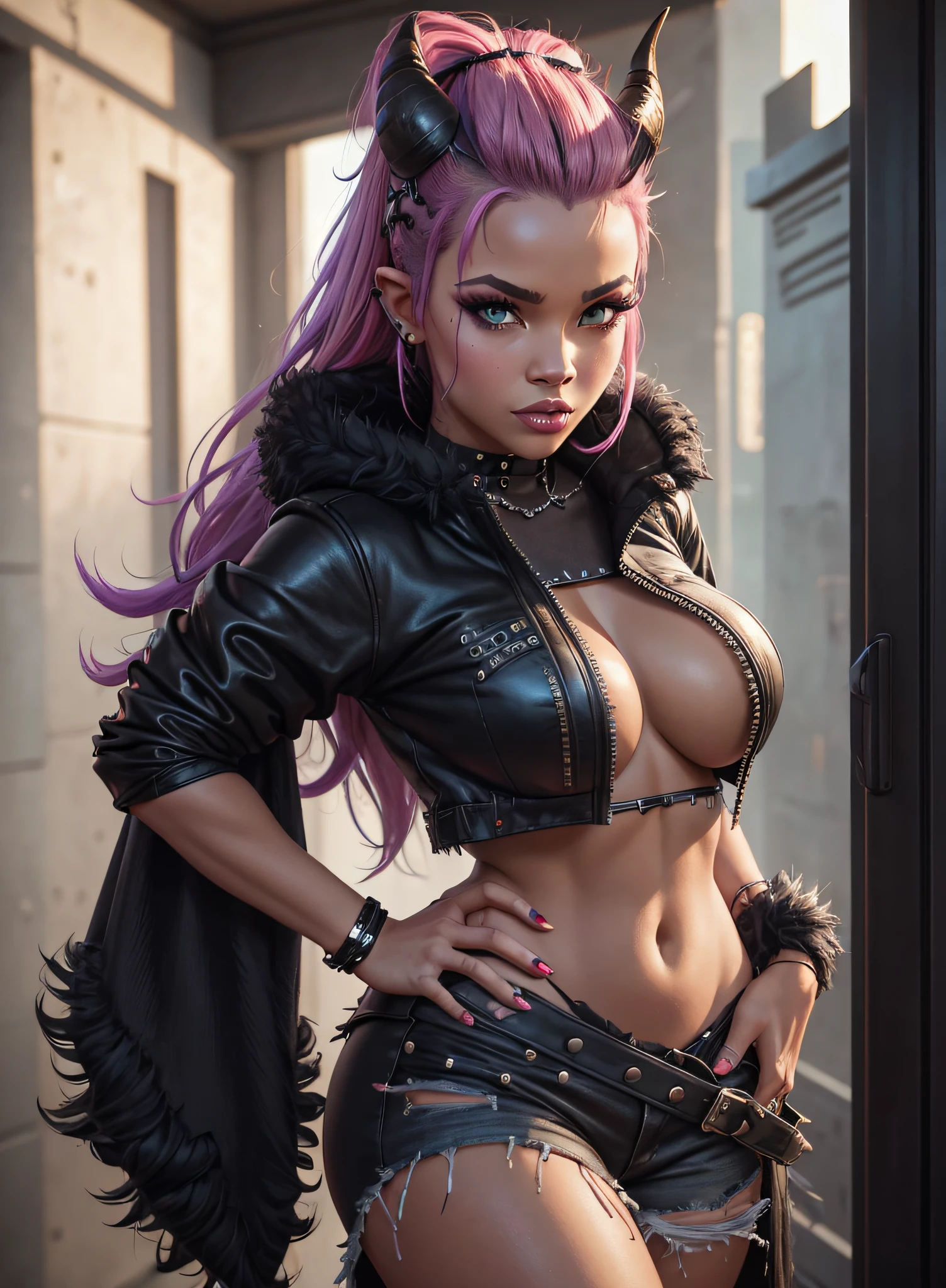 (( black horns, sexy pose, rouoa 1girl, adult magazine , award-winning glamour fotog-rafia ,masterpiece, best quality, 1girl, solo, , looking at the viewer, skin dentation, corneo_dva, punk, mohawk, colorful shredded clothes, big and beautiful breasts)) 1.3 Demon girl, big breasts, straight white hair, brown skin,Realistic ,4k