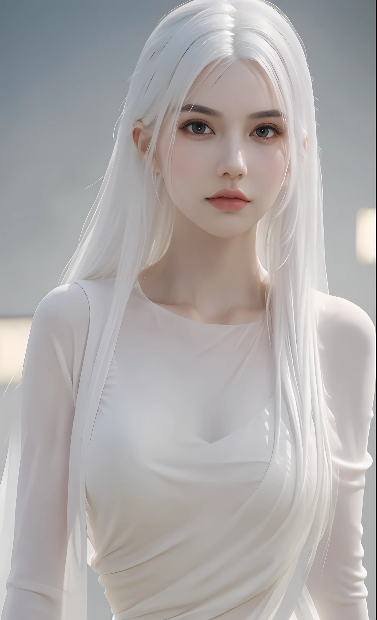 1girl, ((upper half body, narrow waist, waist, girl, white hair, long hair, black eyes)), (front view, from front), looking at viewer, Best quality, masterpiece, ultra high res, (photorealistic:1.4), 8k, clean, (incredibly absurdres, ultra-detailed,CG ,unity ,8k wallpaper), (detailed face :1.4),(beautiful detailed eyes :1.2),(detailed hair), light on face, cinematic lighting, perfect face, lips, adult, solo, Pink Sheer Dress, See Through, (( white skin, real skin, middle_breasts))