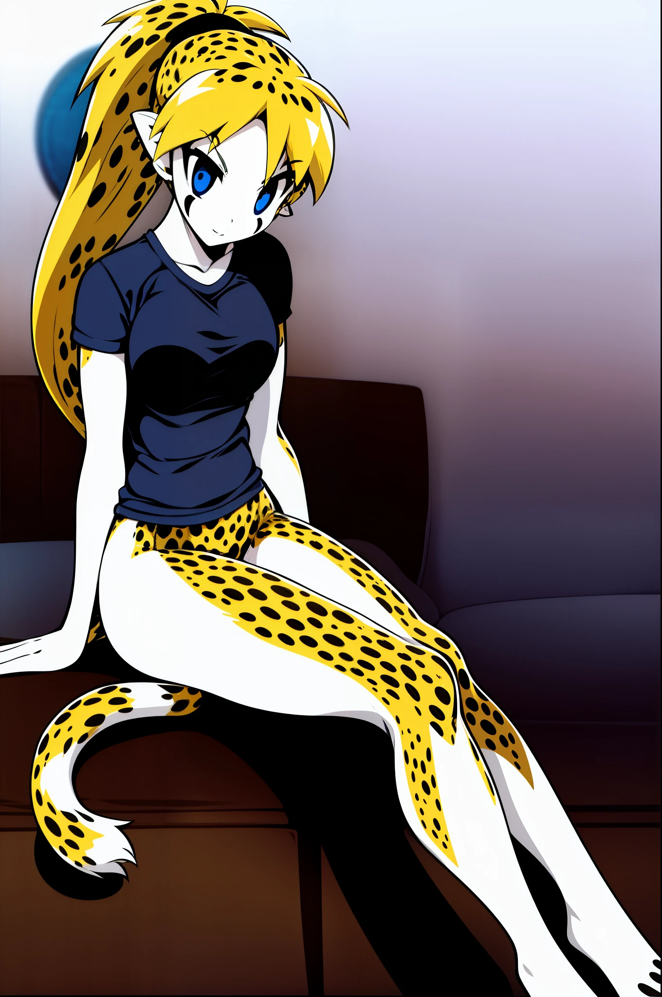 1girl, solo, Britanny Cheetah Digger, anthro, black eye marks, shirt, designer shirt, Shorts, sitting, in living room, couch, single tail, cheetah tail, ponytail, looking at viewer