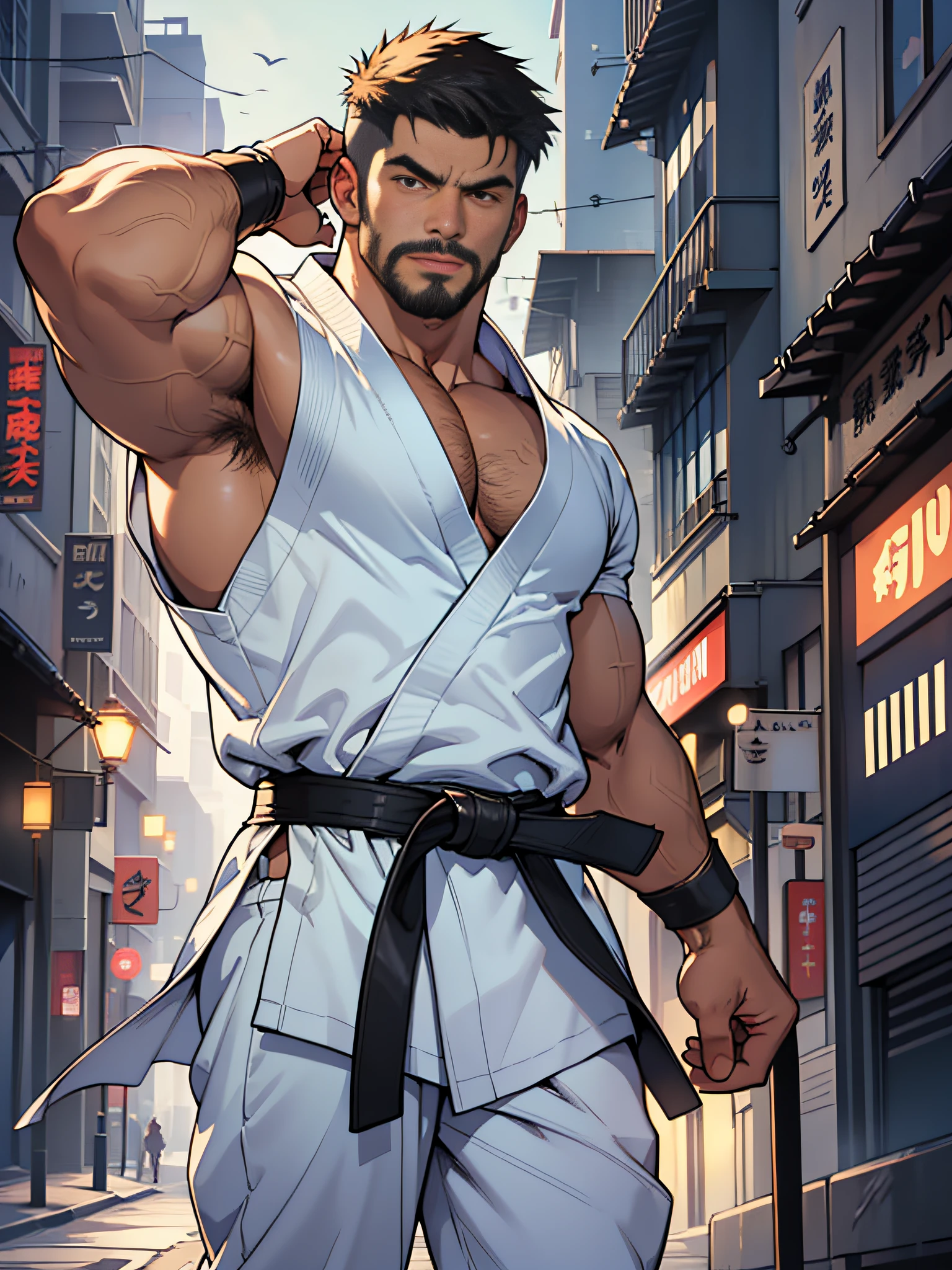best quality, masterpiece, super high resolution, detailed background, realism, illustrations, single, 1 boy, street, muscle, volumetric lighting, depth of field, facial hair, ryu, ( fist raised above head and jumped), white clothes, black belt,