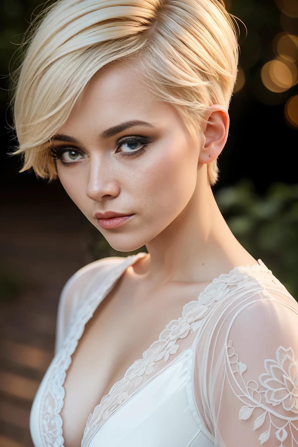 photo of a 25 years old european girl, RAW, beautiful woman, (pixie cut blonde hair), ((portrait)), ((detailed face:1.2)), ((detailed facial features)), (finely detailed skin), pale skin, athletic body, high detailed plunging bodycon hazmatsuit, outdoor environment, (cold colors), damp, moist, reflections, (masterpiece) (perfect proportion)(realistic photo)(best quality) (detailed) photographed on a Canon EOS R5, 50mm lens, F/2.8, HDR, (8k) (wallpaper) (cinematic lighting) (dramatic lighting) (sharp focus) (intricate) fashion, from above