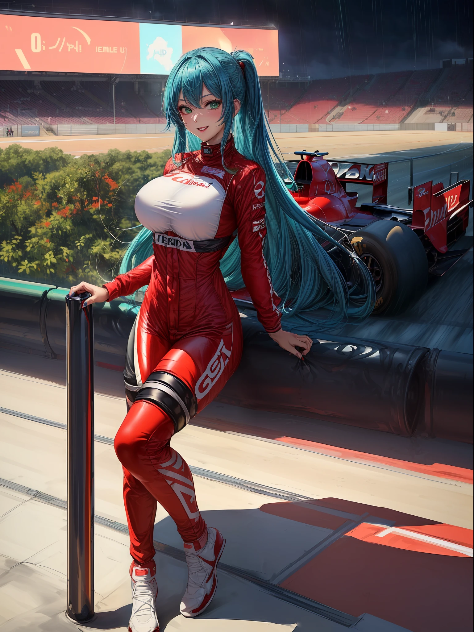 ((full body):1.5) (({Only one woman}:1.2):{((wearing red formula 1 runner suit)1.2), ((long blue hair down to shoulders, sparkling green eyes) 1.3), ((striking an erotic pose in a formula 1 car, looking at the viewer, smiling):1.3), ((extremely large breasts):1.2)}, \n (({Hypodromia from formula 1 racing, is in night, raining heavily, several people are in the stands}):1.3), anime, anime style, 16k, ((best quality, high details):1.4), masterpiece, UHD