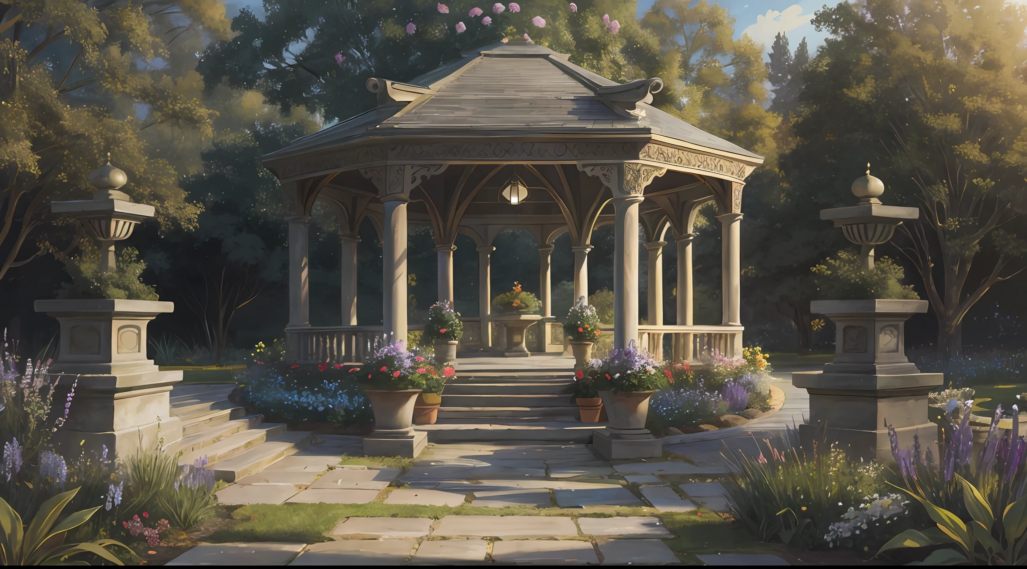 masterpiece, Highly detailed, super realistic,detailed background, bright Lighting, Daylight,
(Royal Gardens), (Gazebo), (stone steps),