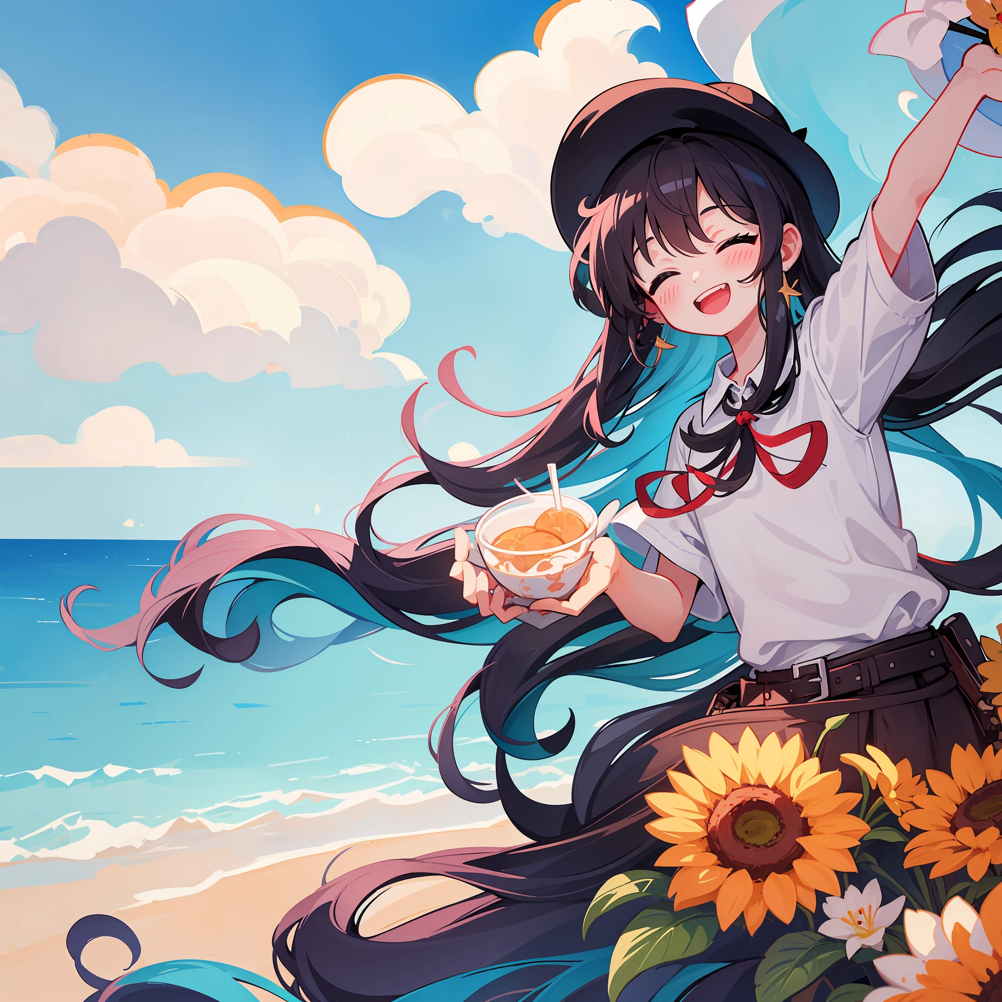 1girl, solo, hat, closed_eyes, sky, smile, outdoors, long_hair, shirt, black_hair, cloud, open_mouth, blush, day, jewelry, straw_hat, white_shirt, blue_sky, upper_body, earrings, teeth, short_sleeves, bangs, arm_up, floating_hair, collared_shirt, :d, upper_teeth_only, wind, multicolored_hair, floral_print, ^_^