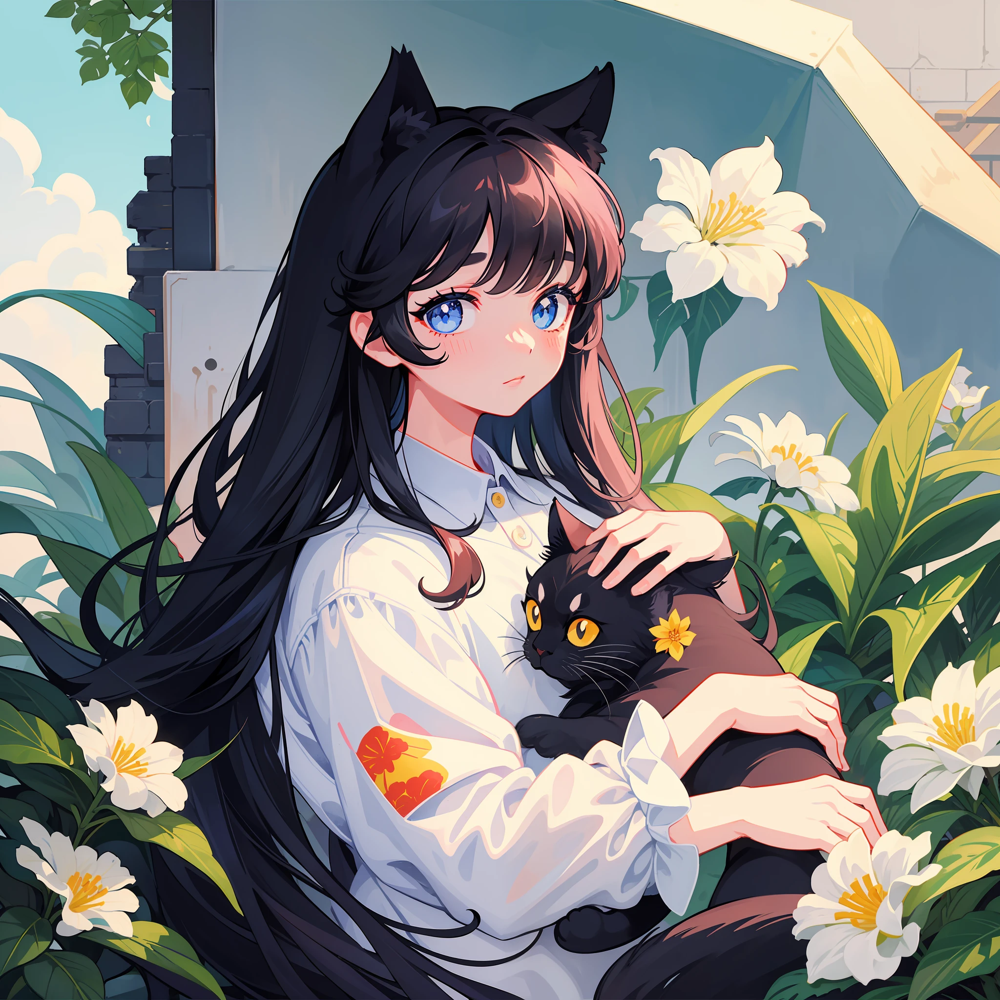 1girl, black_hair, cat, looking_at_viewer, flower, animal, long_hair, bangs, solo, closed_mouth, floral_print, white_flower, black_cat, blue_eyes, plant, upper_body, shirt, white_shirt, blush, lips, eyelashes, animal_hug, leaf, holding_animal