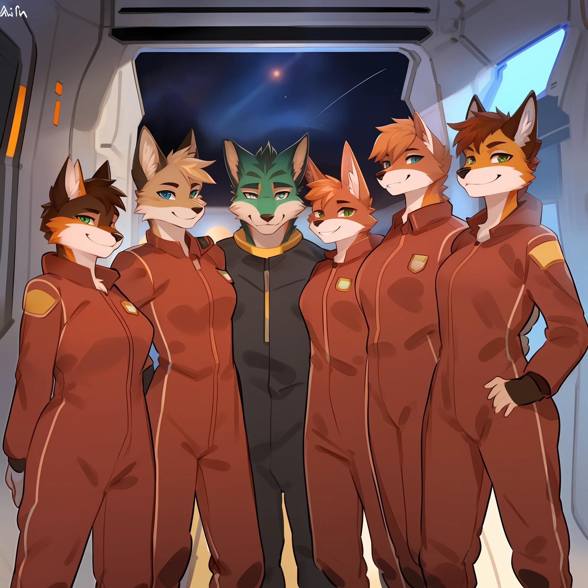 Diverse cast of heads on top of uniforms, furries, anthro, feline, canine, scalie, furry, smiling, looking at viewer, detailed eyes