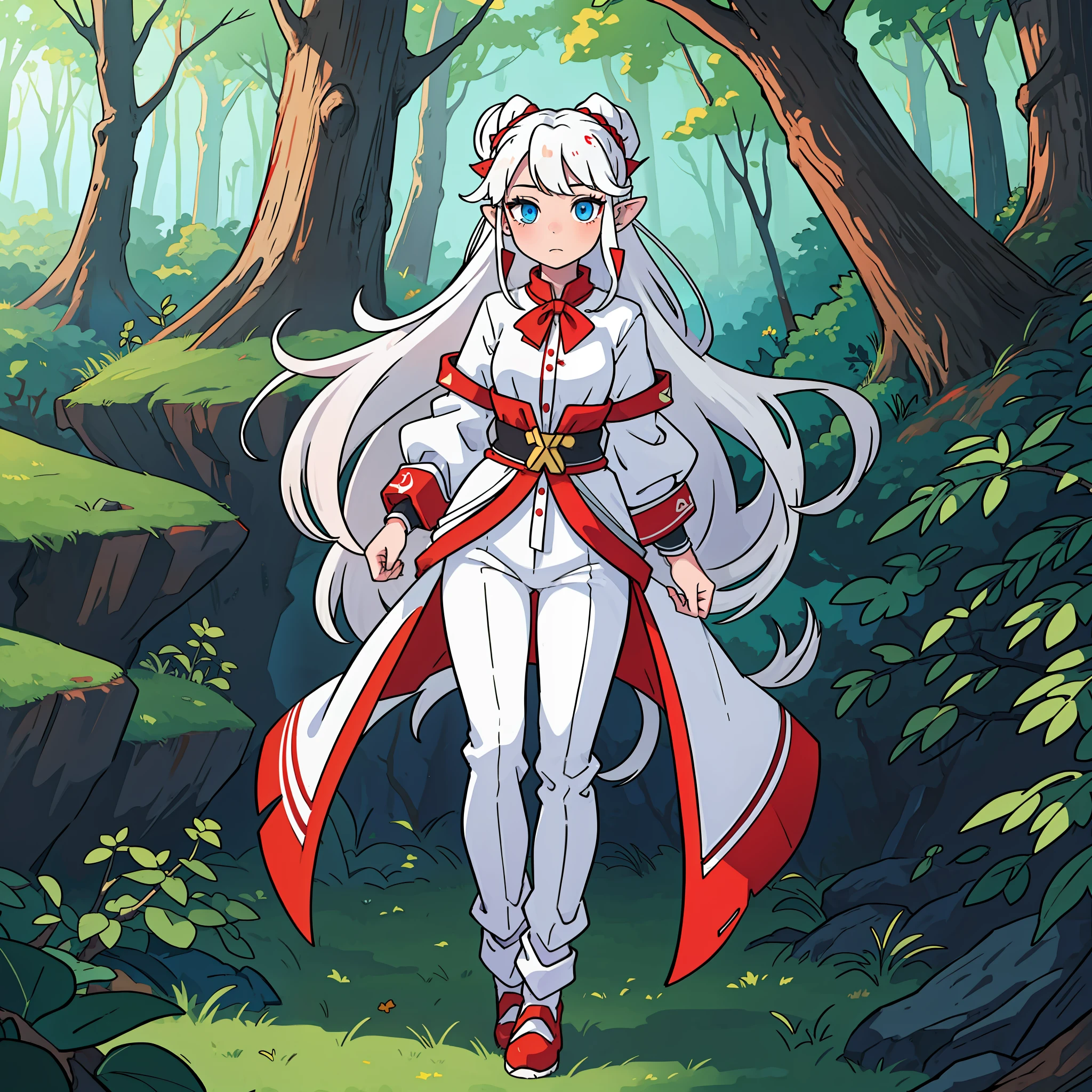 Draw a girl white hair cute red clothing,pointed ear in a forest with fairies, full body white skin, blue eyes, black glued pants