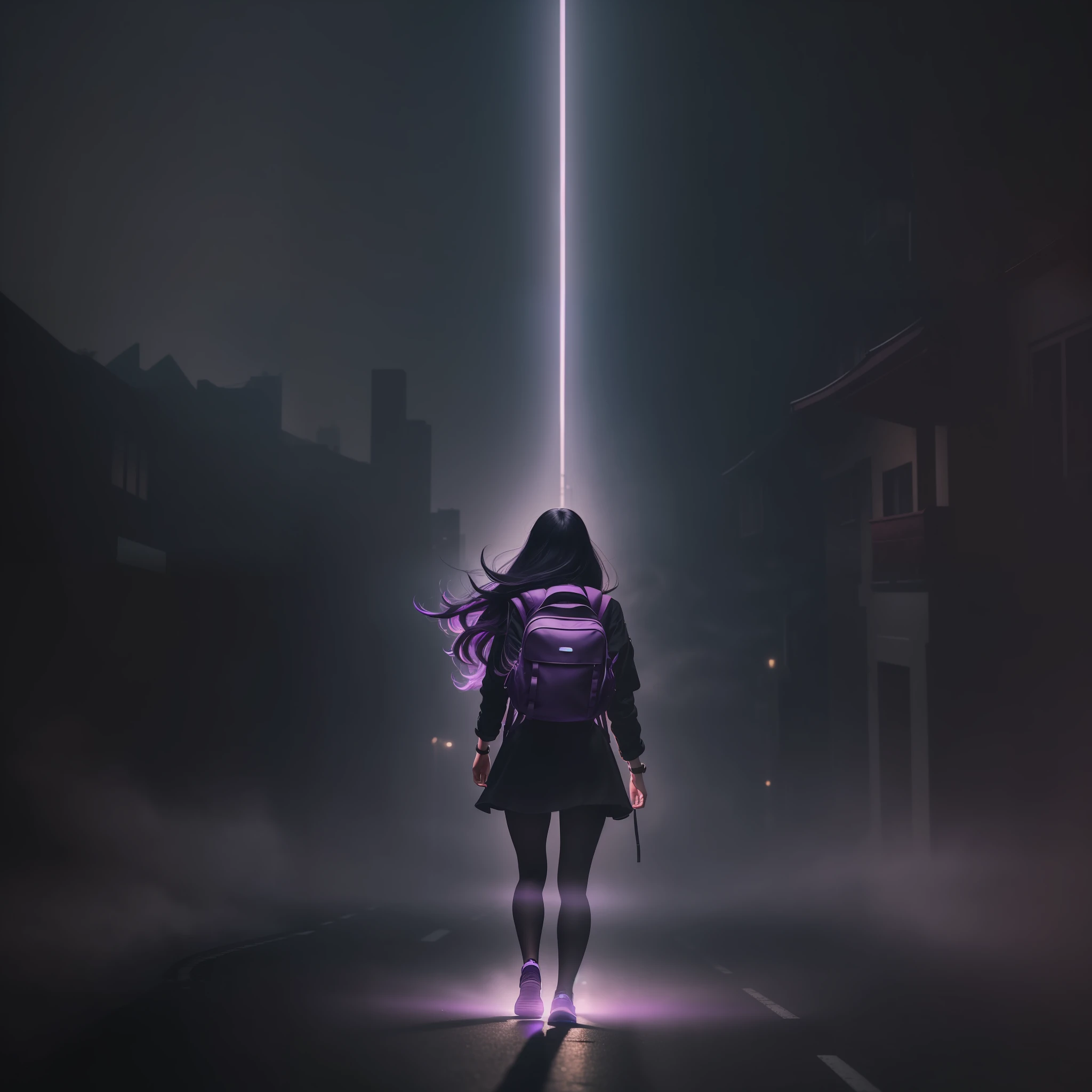 Woman walking on her back down a road at night towards a city, with fog and shadows, with a backpack, wavy and long black hair, high quality, ultra-detailed, 8k, masterpiece, (volumetric lighting), black magic, fanciful, lilac colors, purple, black and vivid shadows on the character's return --auto --s2