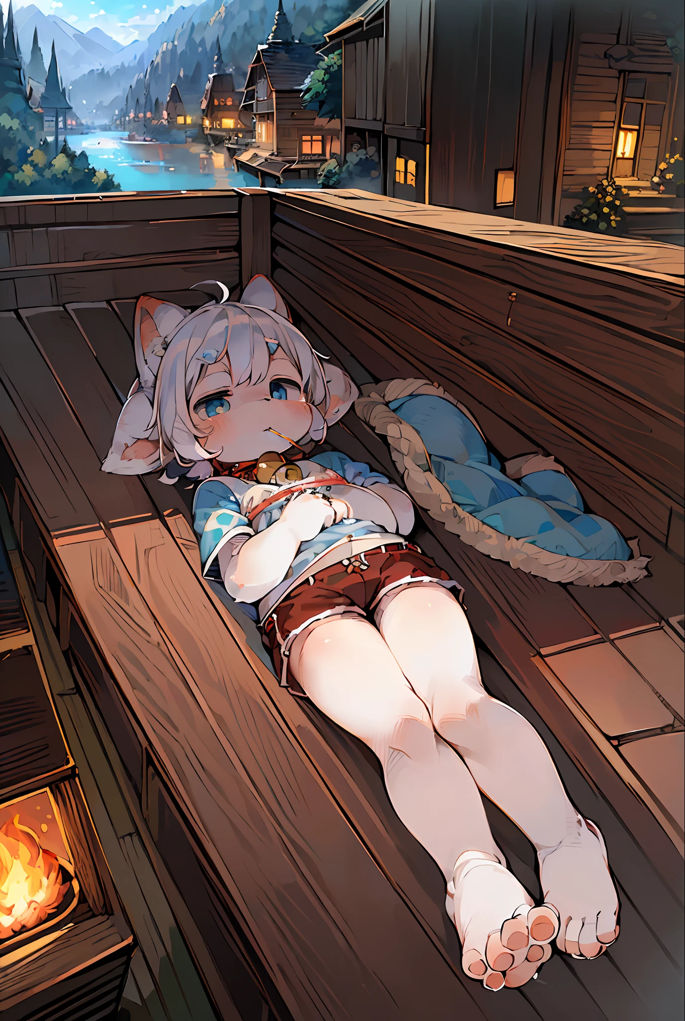 Masterpiece, high quality, absurd resolution, digital painting \ (artwork \), by dagasi, yupa, kiyosan, (fluffy fur, white fur, full body fur,). Blue eyes, white hair, shorts, bare feet, bright eyes, panorama, character focus. Detailed background, eating watermelon, (bells, pet collars, loose clothes: 1.2),