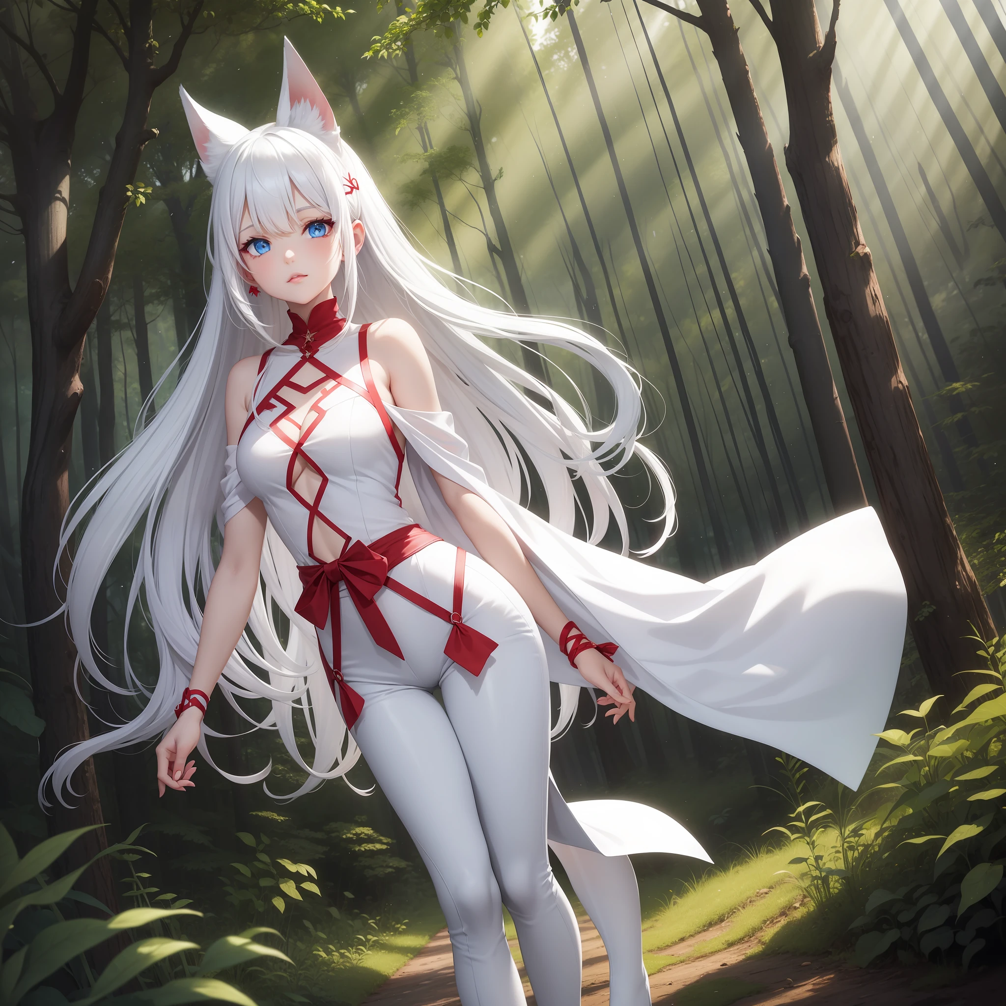 Draw a girl white hair cute red clothing,pointed ear in a forest with fairies, full body white skin, blue eyes, black glued pants